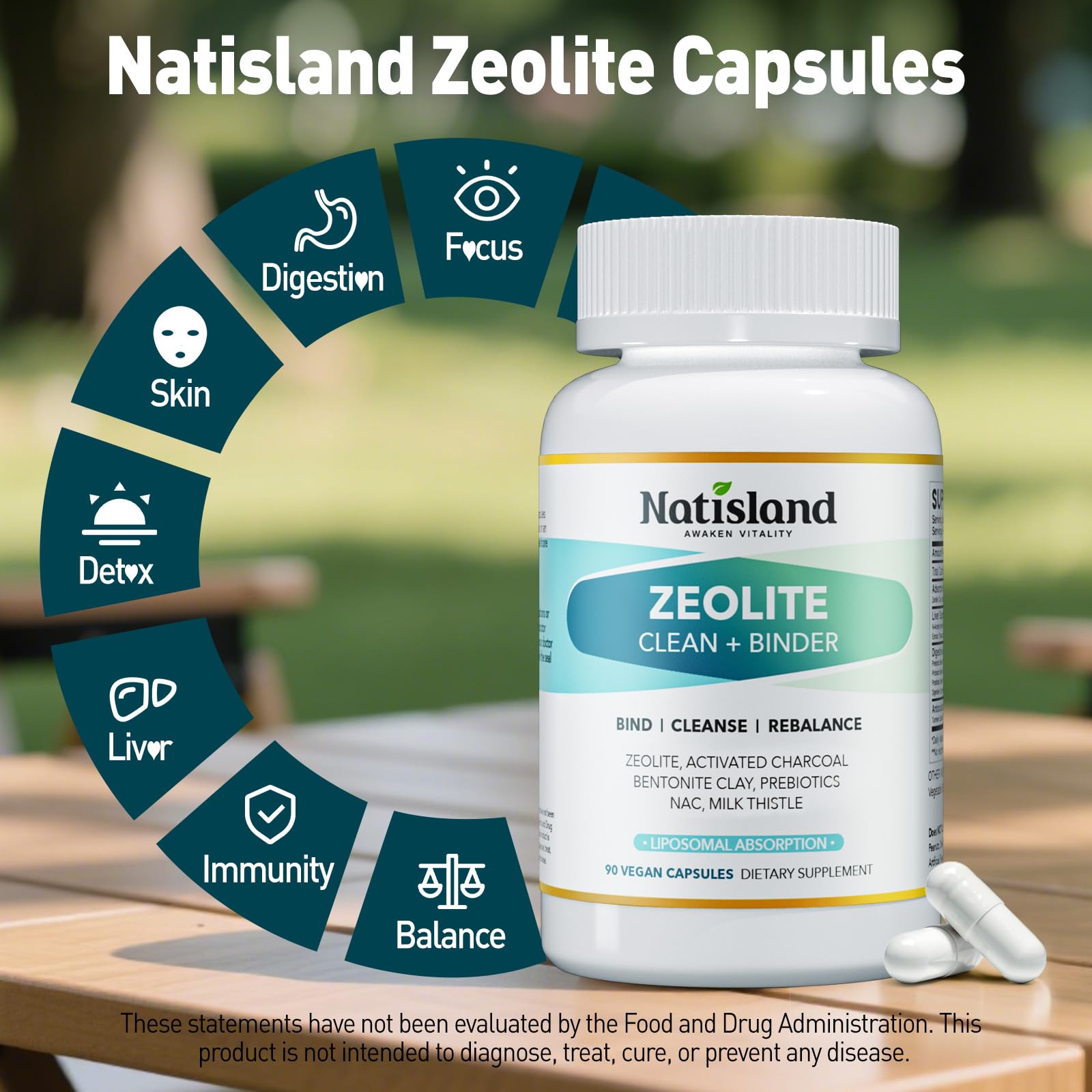 Natisland Zeolite Detox: etiqueta frontal con beneficios clave visibles.