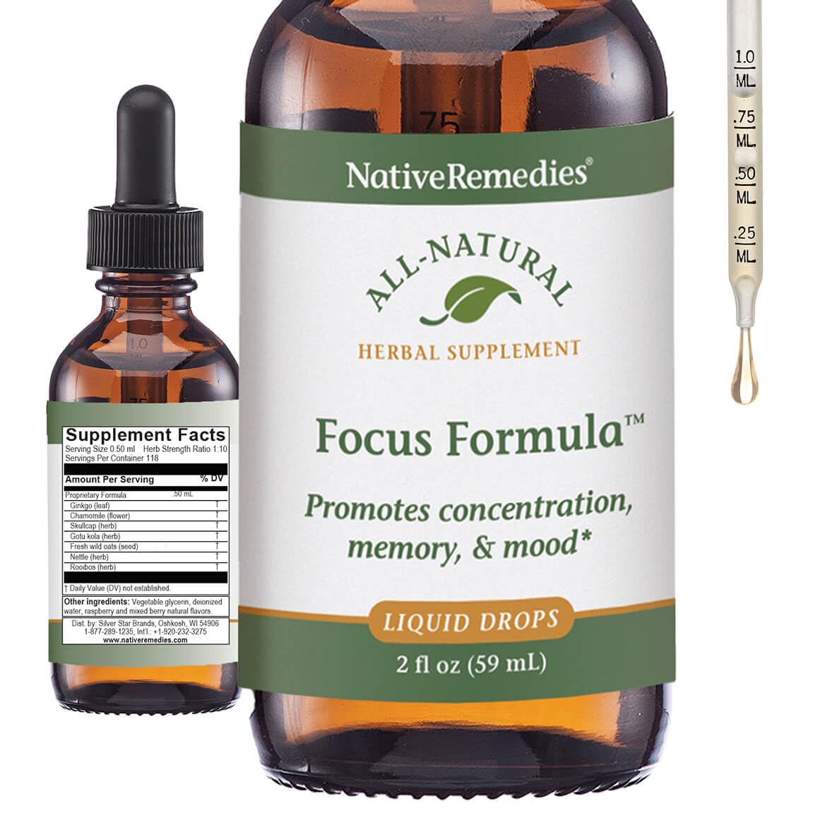 Fórmula Enfoque de Native Remedies, botella y gotas, apoyo temporal para concentración.