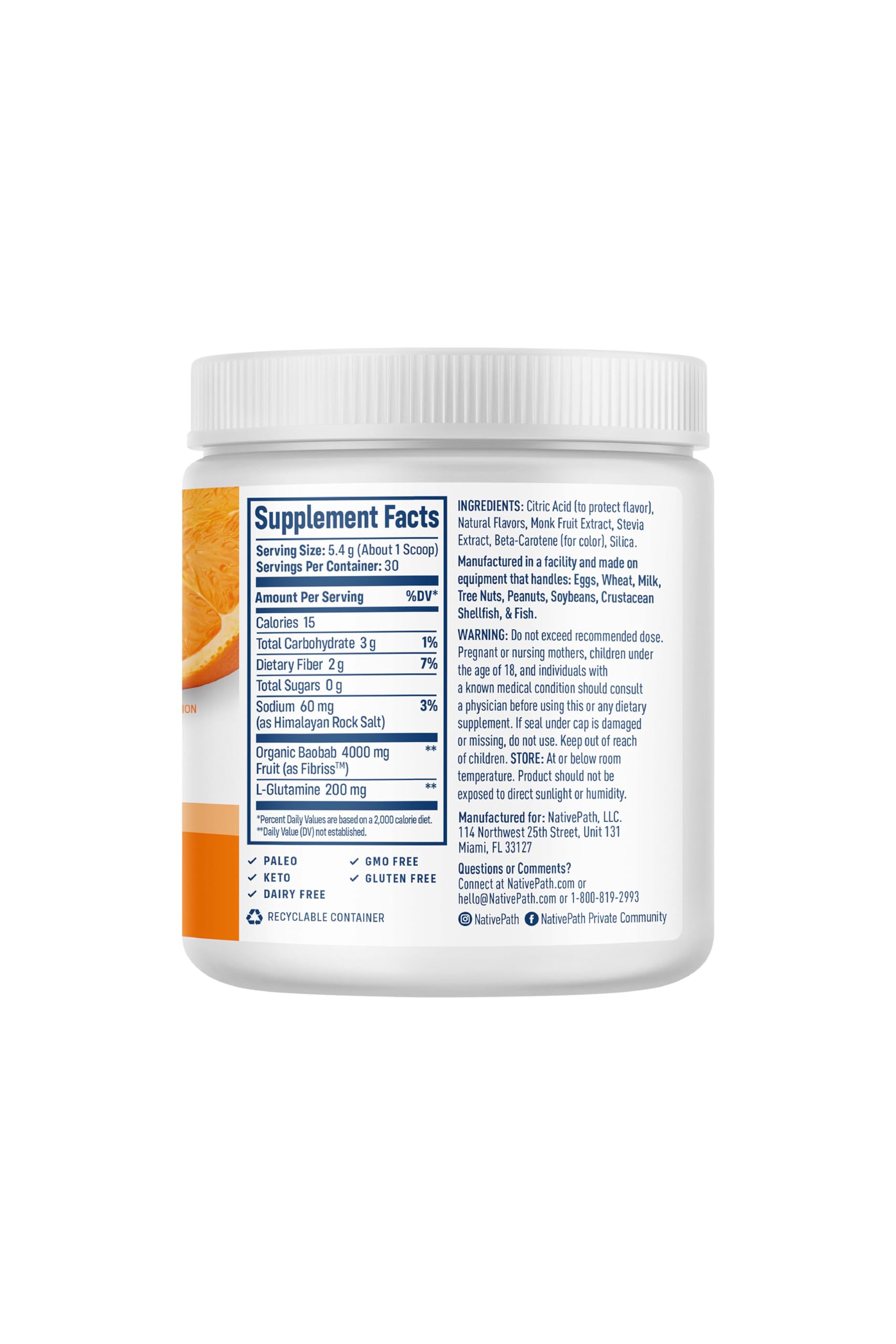 NativePath Baobab Prebiótico etiqueta del pote, claridad y pureza del producto