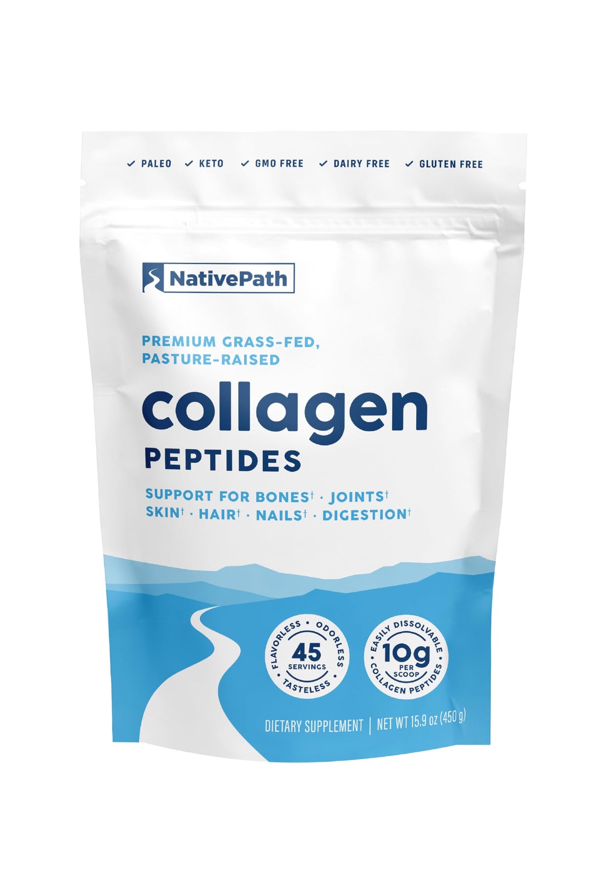 Frasco de NativePath Colágeno hidrolizado para mezclar y apoyar la piel.