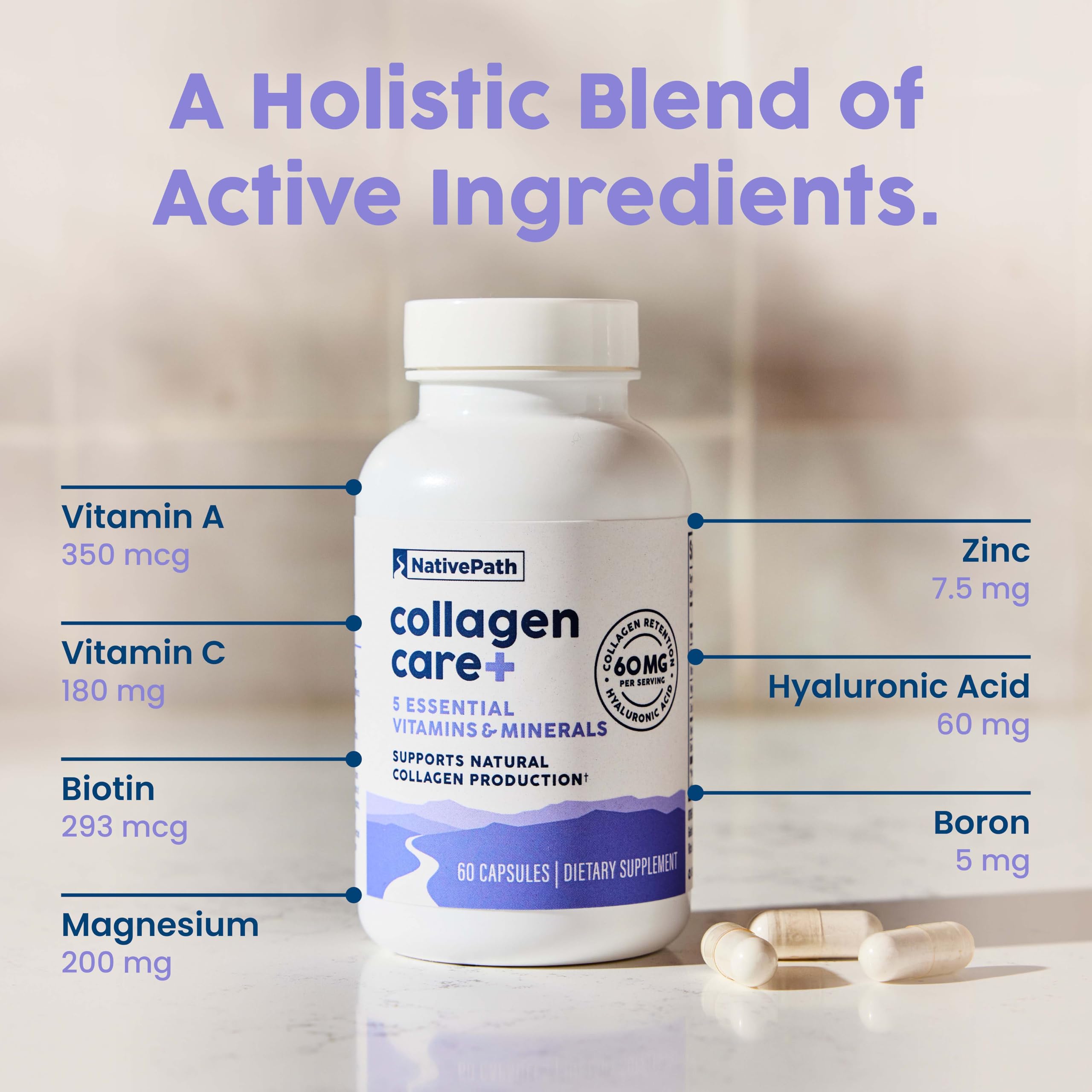 NativePath Collagen Care+ 60 mg ácido hialurónico y borón en la etiqueta