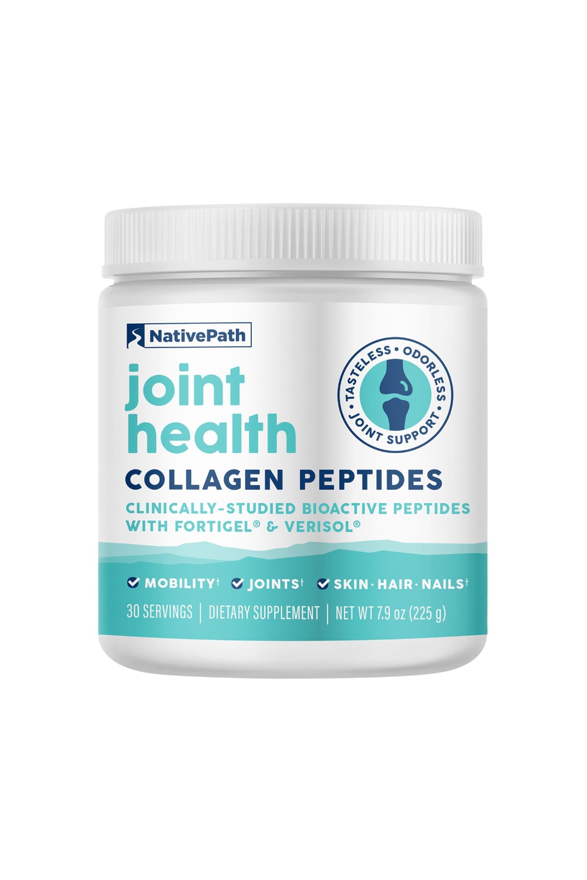 NativePath Joint Health Advanced Formula bottle label highlights trusted collagen support for daily mobility.