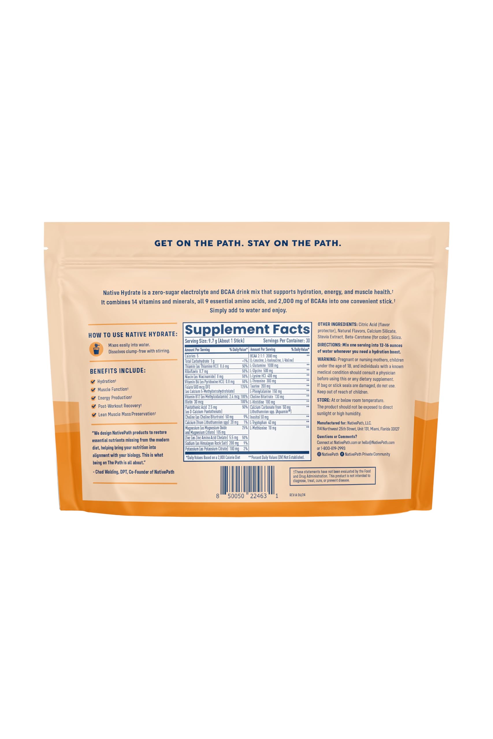 NativePath Mandarina: mezcla en agua clara para hidratación práctica