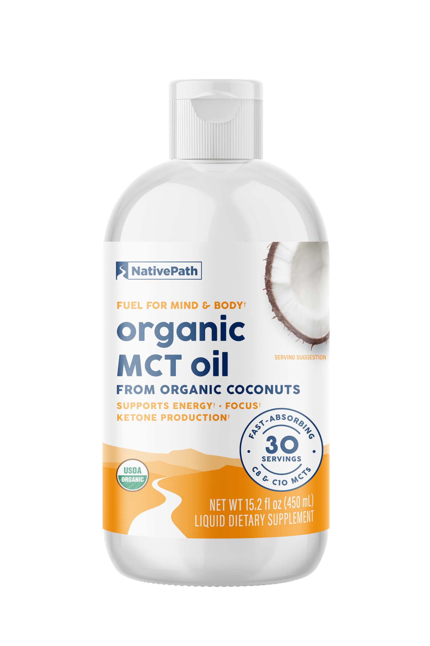NativePath MCT Oil: botella clara muestra pureza y energía sostenida.