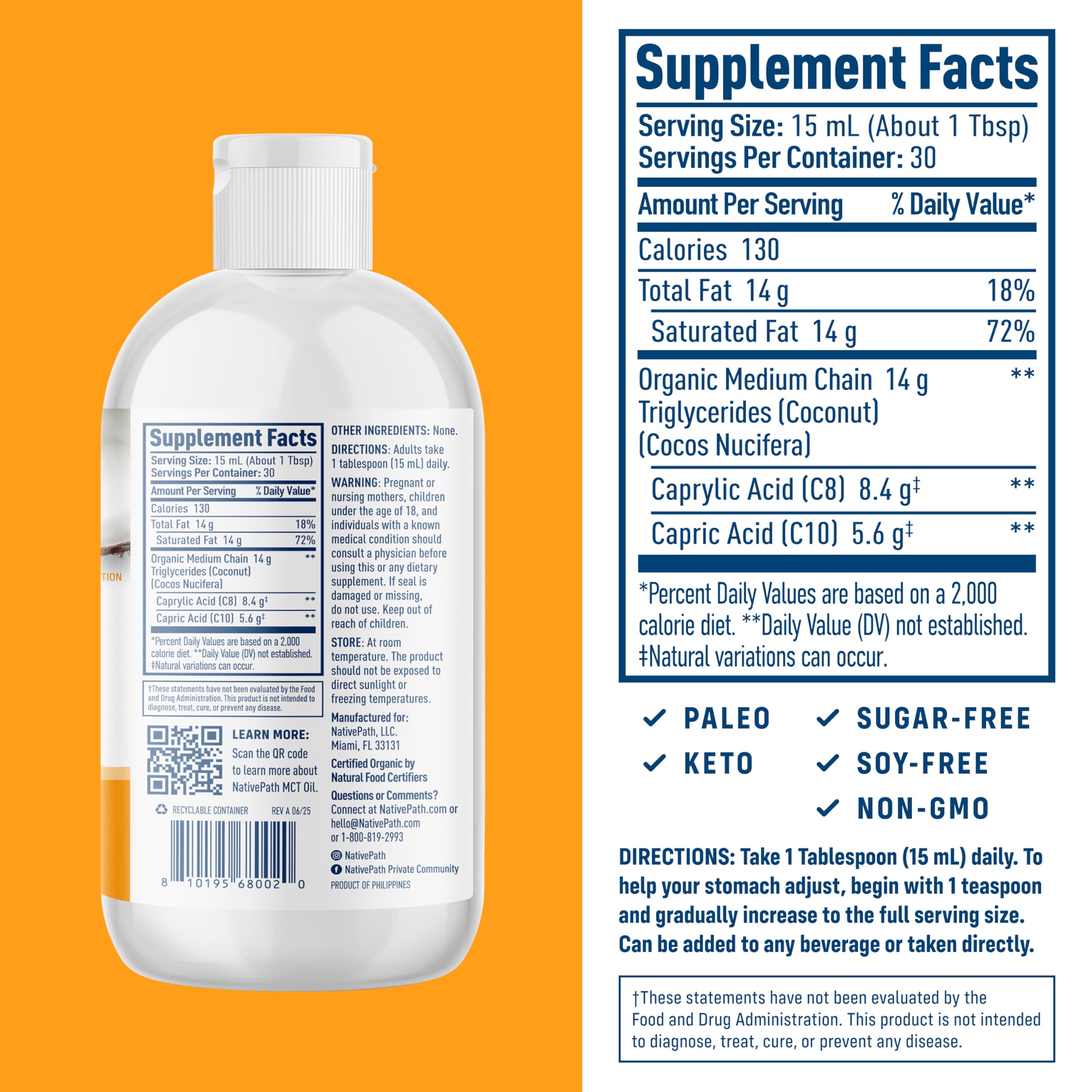 NativePath MCT Oil, ingrediente único de coco orgánico para claridad mental.