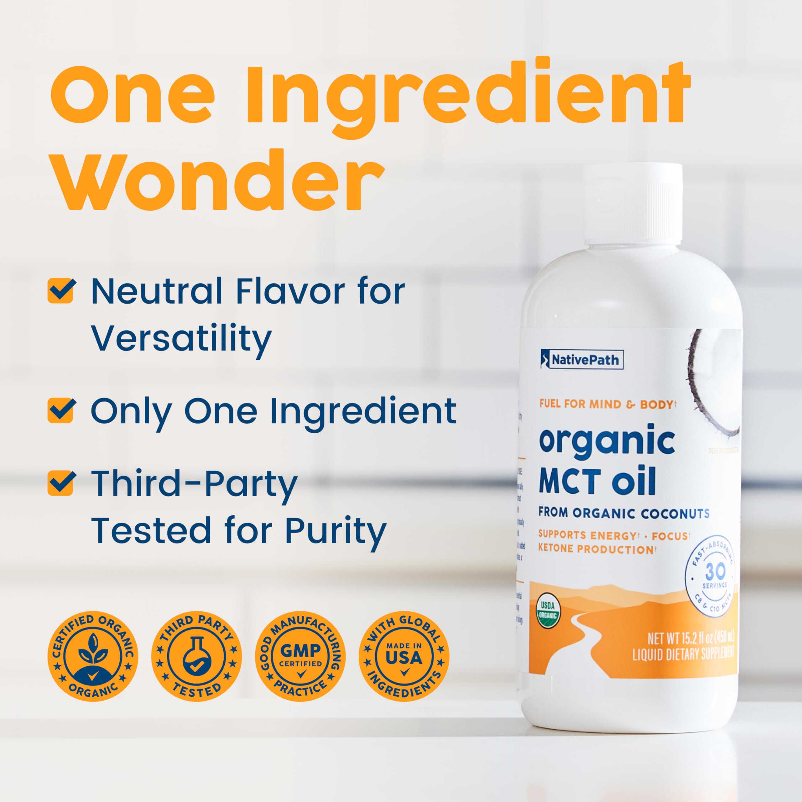NativePath MCT Oil, mezcla C8 y C10 para energía constante.
