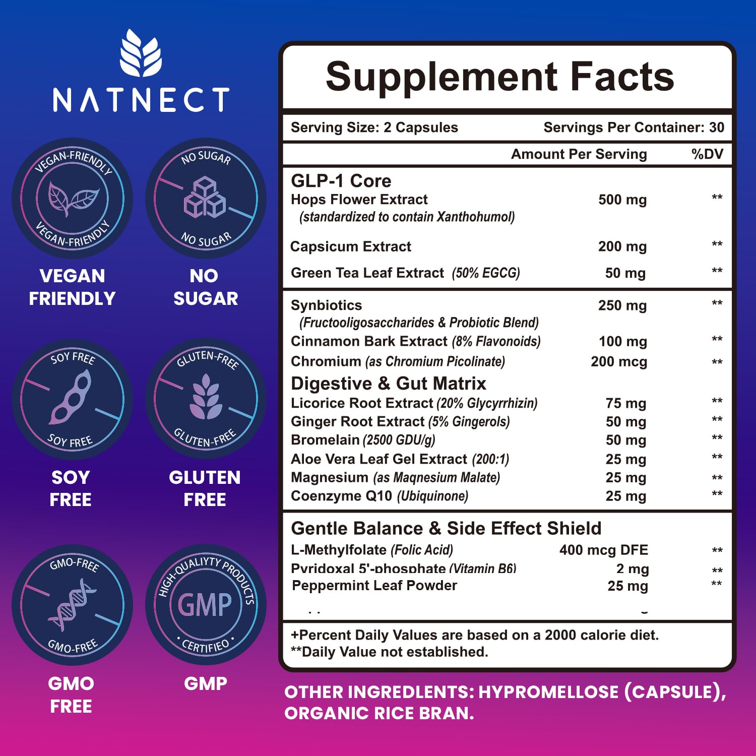 Natnect GLP-1: etiqueta frontal destaca fórmula natural y beneficios.