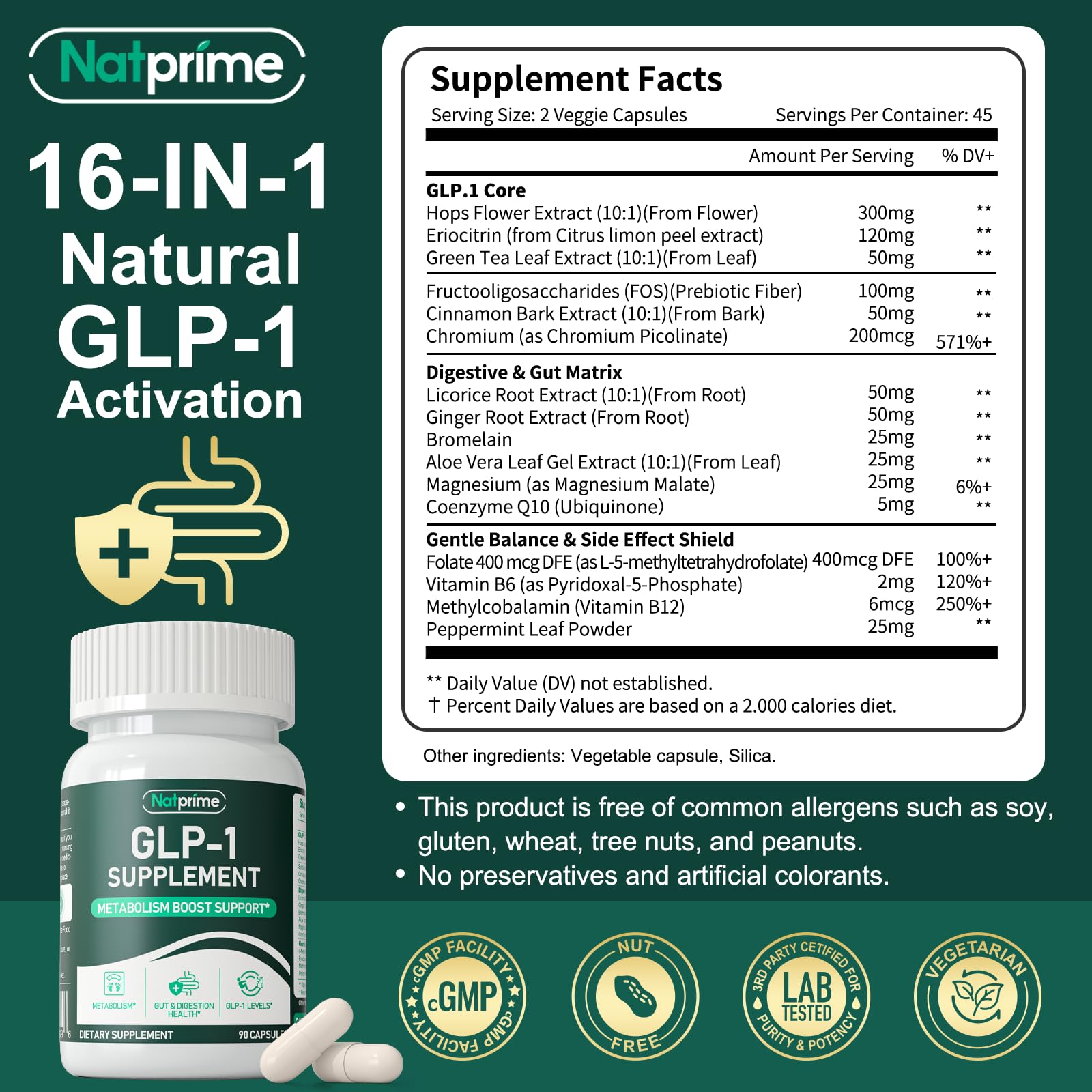 Natprime GLP-1: etiqueta del producto que destaca ingredientes y seguridad