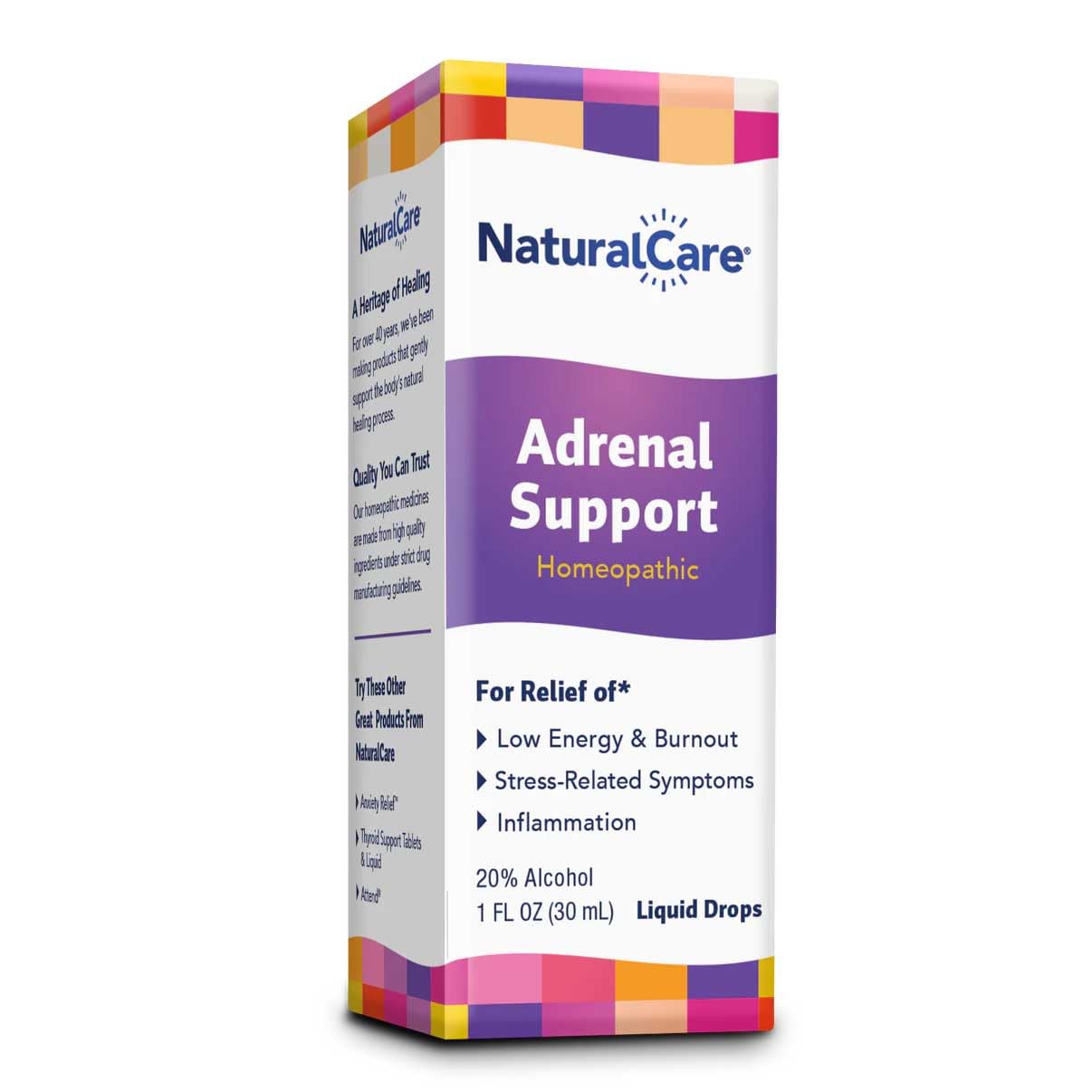 Natra-Bio NaturalCare Adrenal Support, frasco de gotas para apoyo suave de energía diaria.