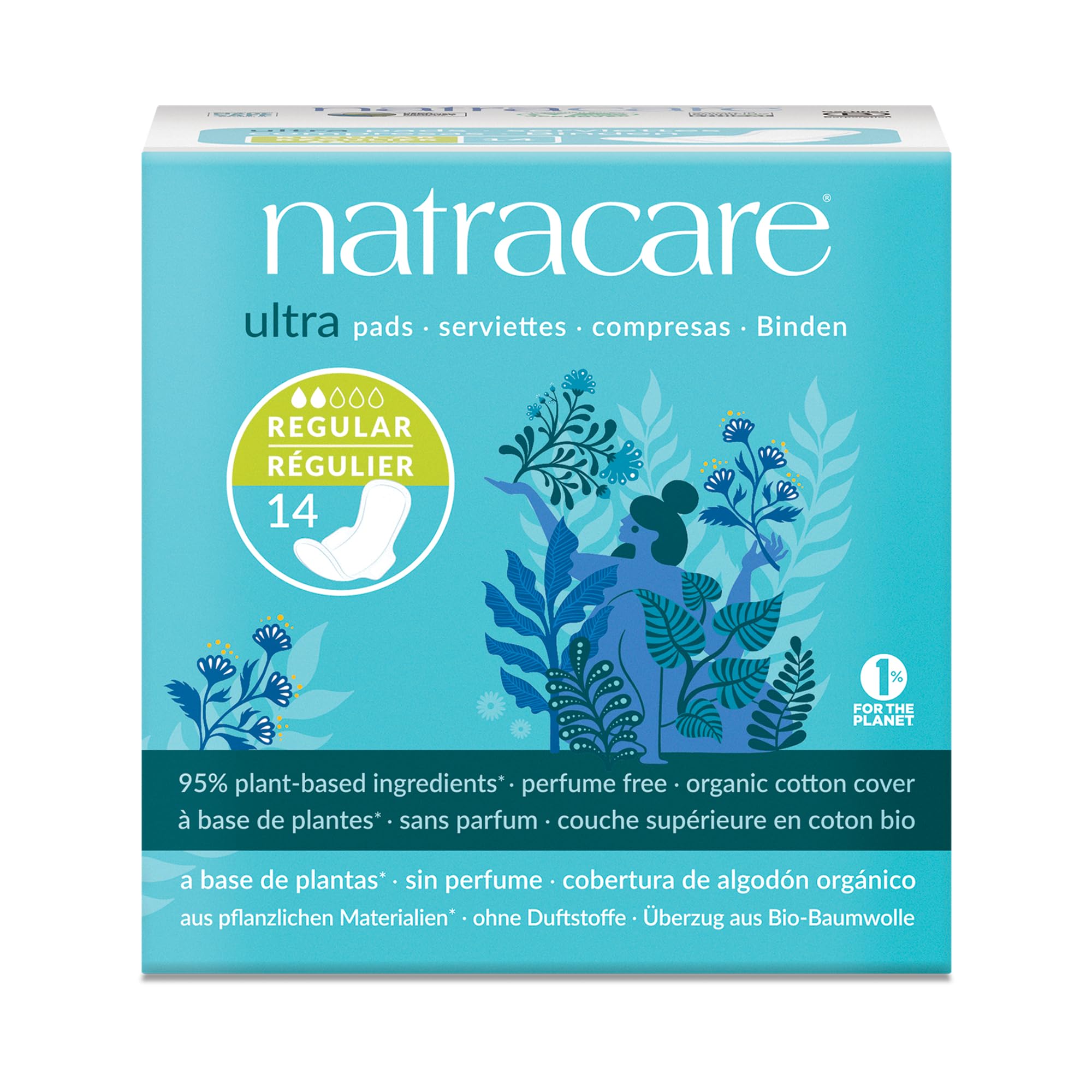Natracare almohadillas Ultra Regular con alas en empaque; protección diaria sostenible.