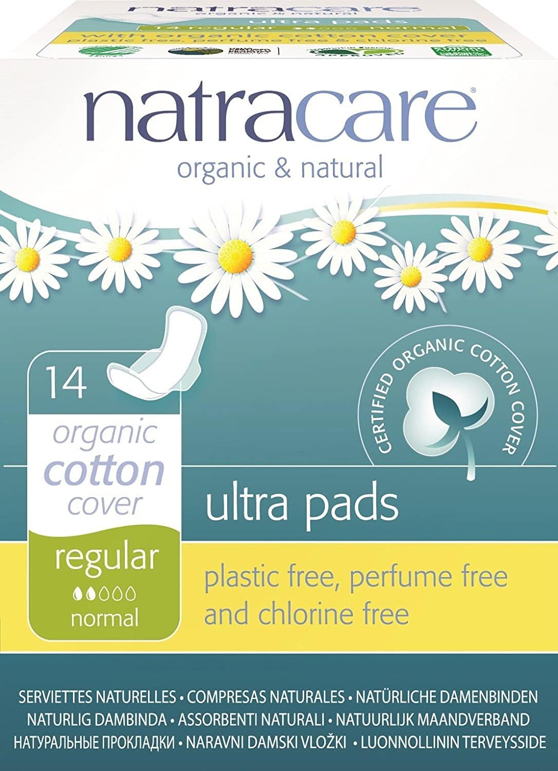 Natracare Regular Ultra Pads, caja de 3, protección diaria suave y ecológica.