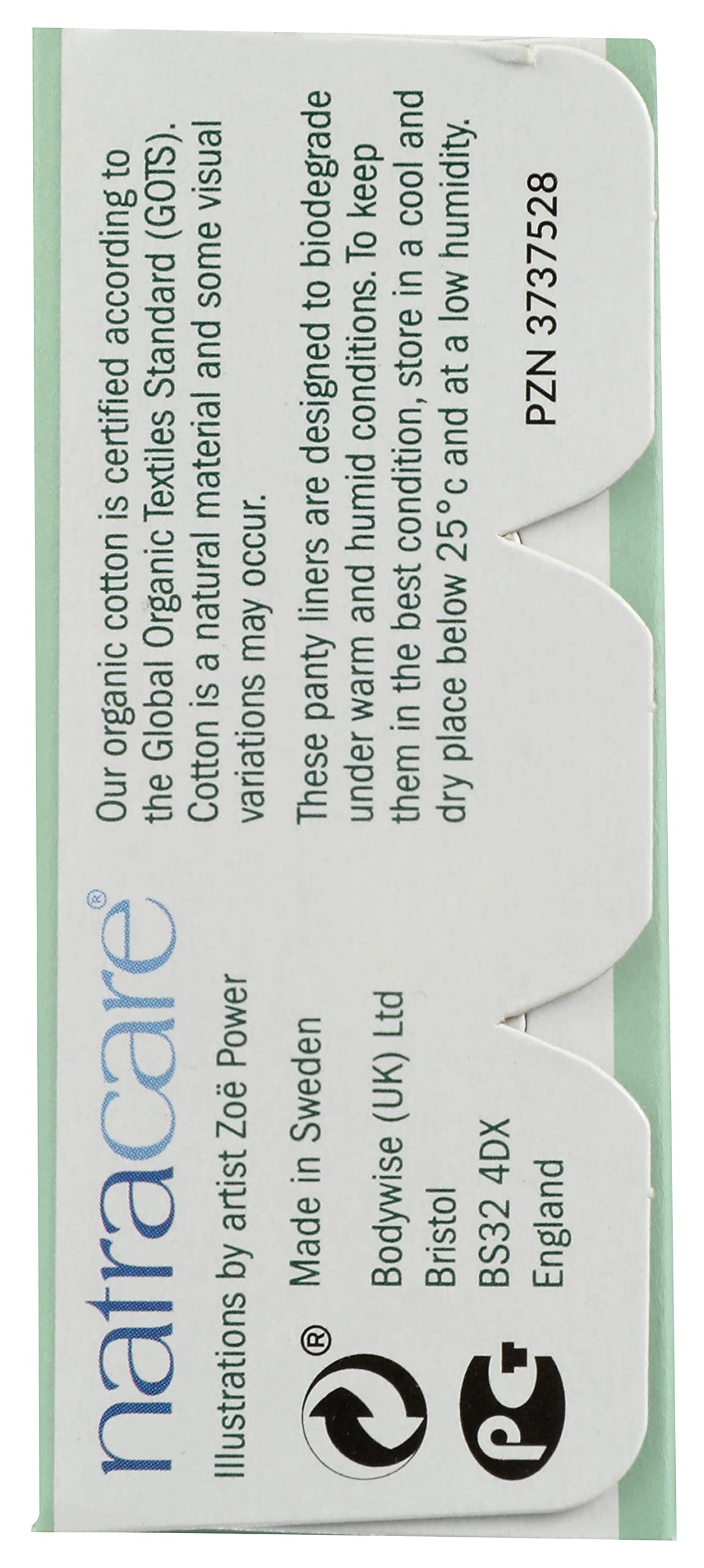 Embalaje de protectores Natracare, opción ecoamigable y compacto.
