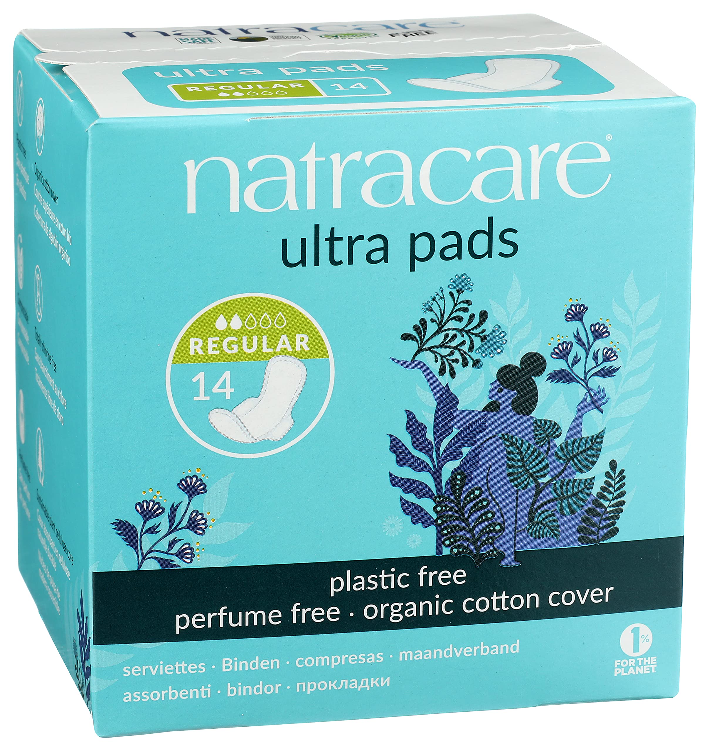 Natracare, paquete de 12 unidades, empaque sostenible para uso continuo.