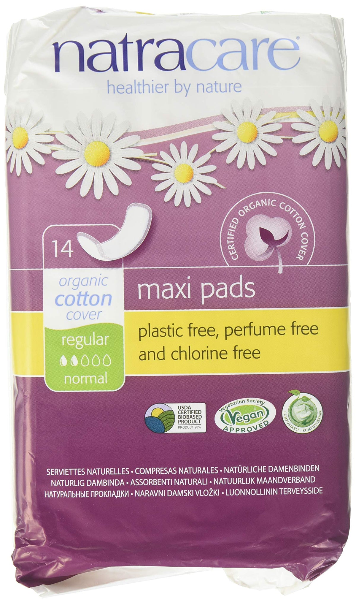 Natracare toallas sanitarias regulares, tres cajas, protección suave para uso diario