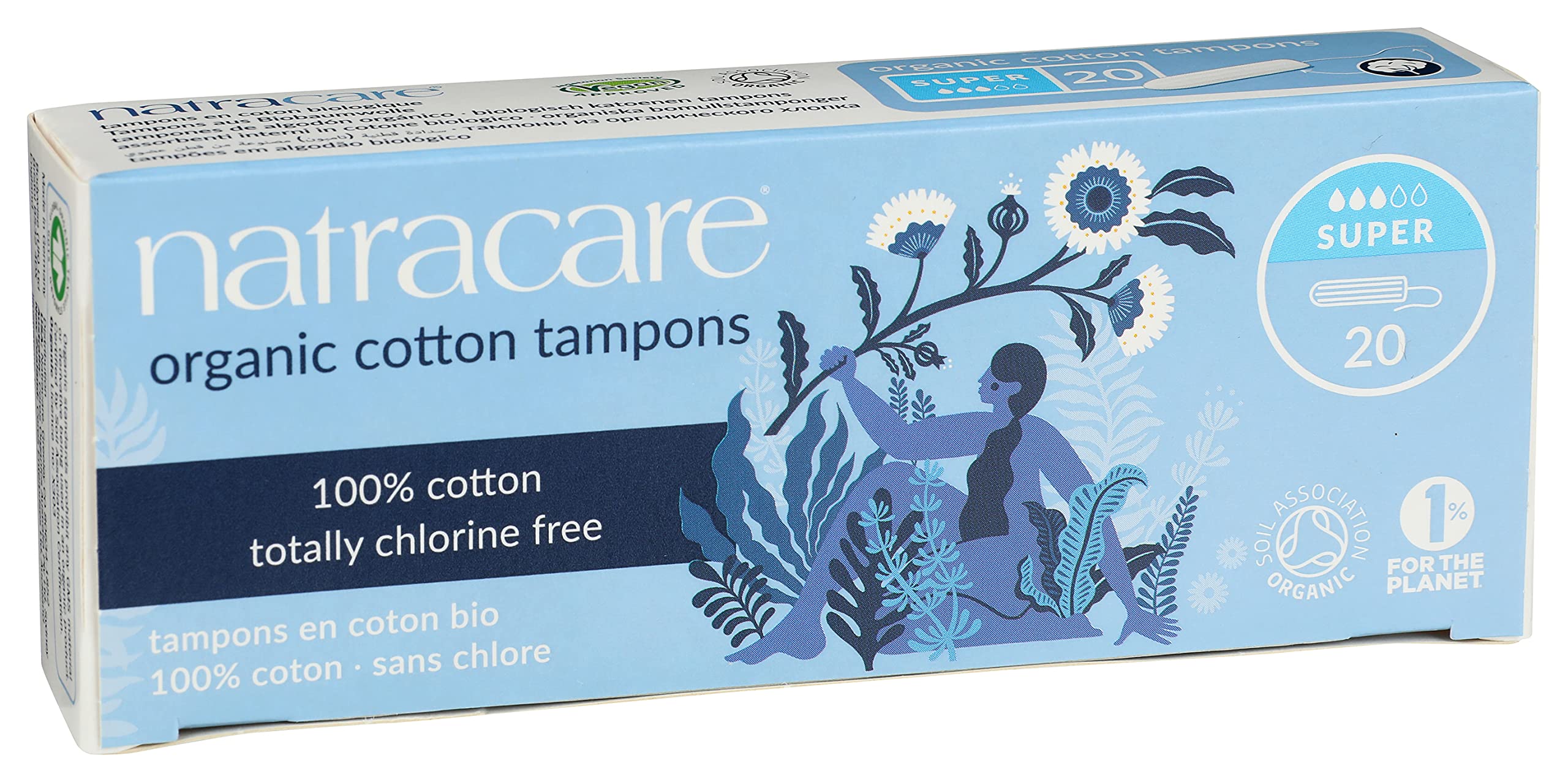 Natracare tampones de algodón, etiqueta sin cloro y certificación orgánica visibles.