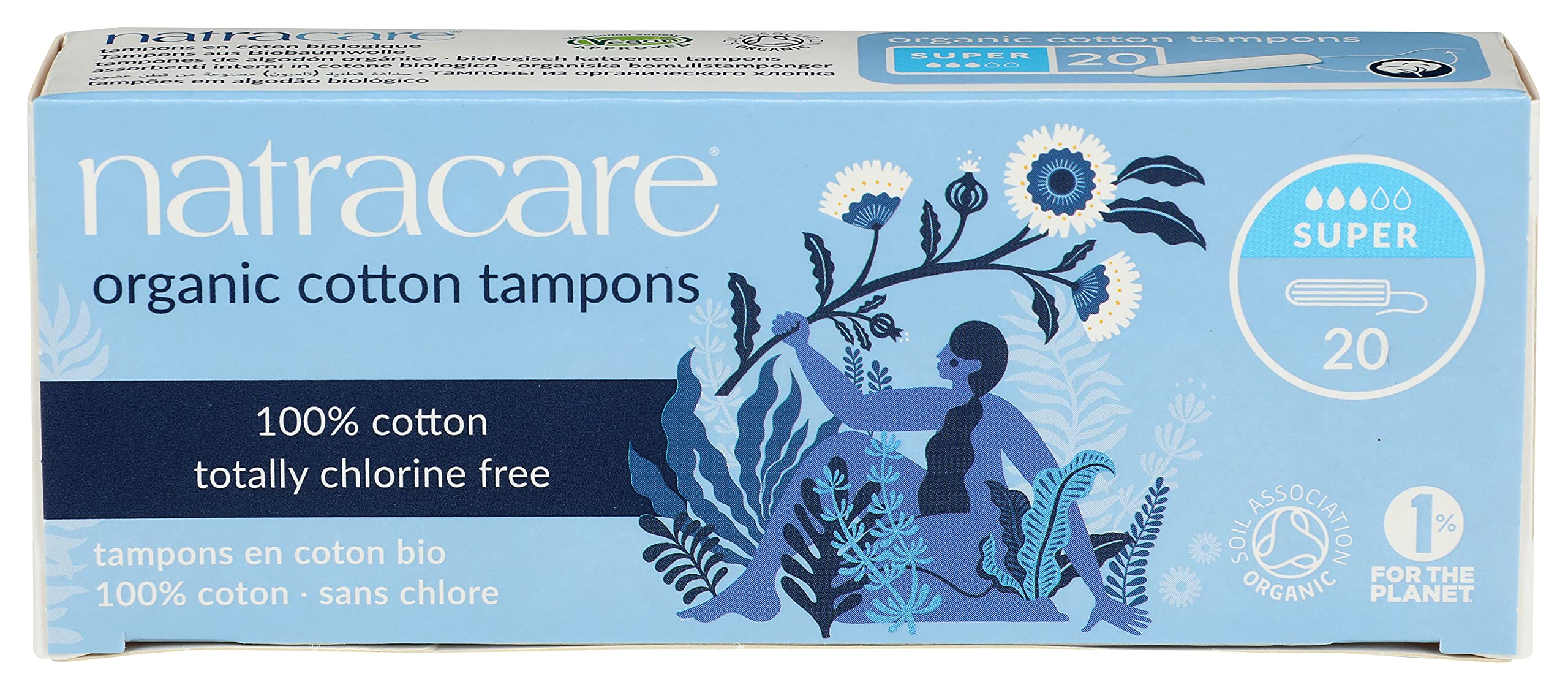 Natracare tampones orgánicos de algodón, enfoque en empaque frontal y higiene natural.