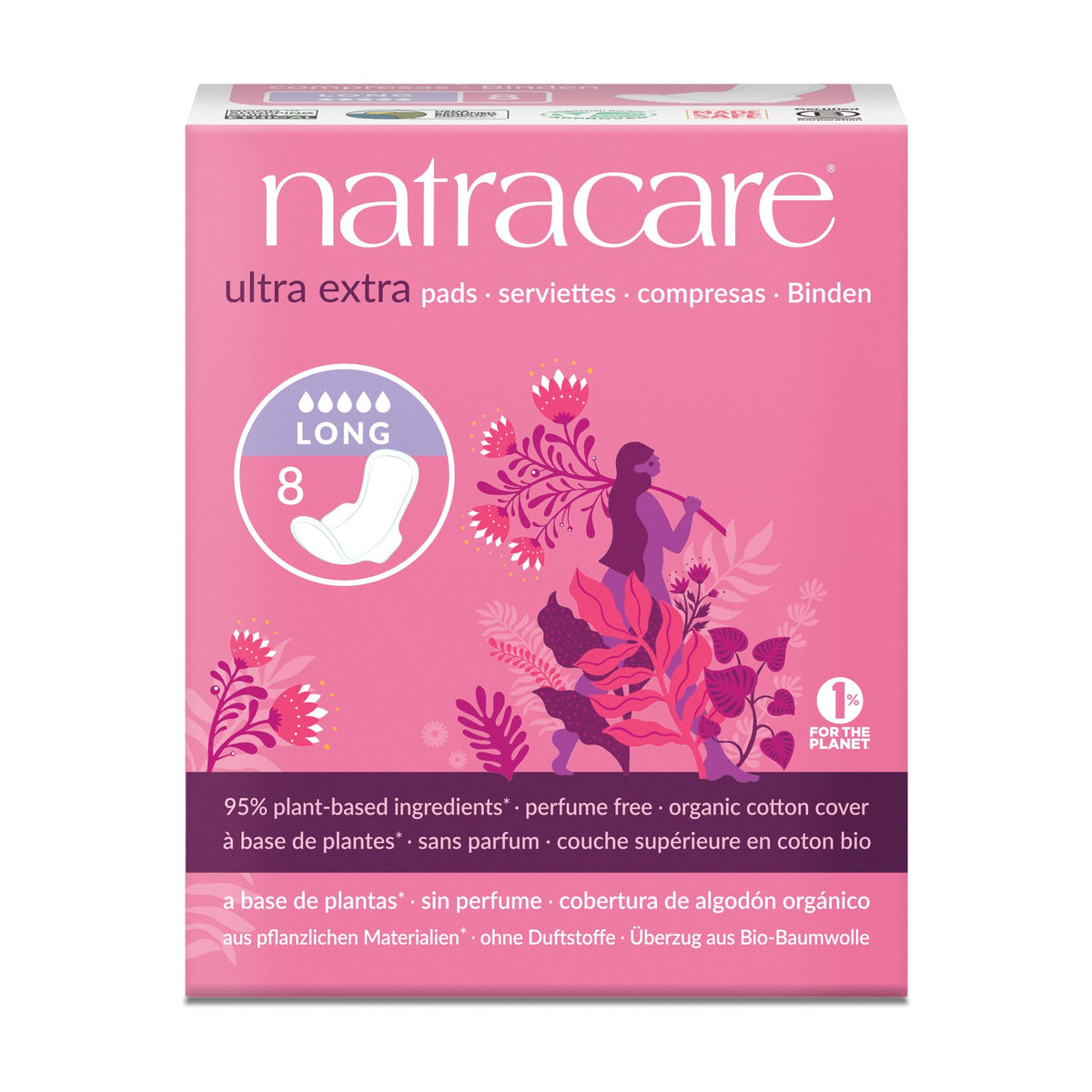 Natracare Ultra Extra con alas y envoltorio individual para uso práctico.