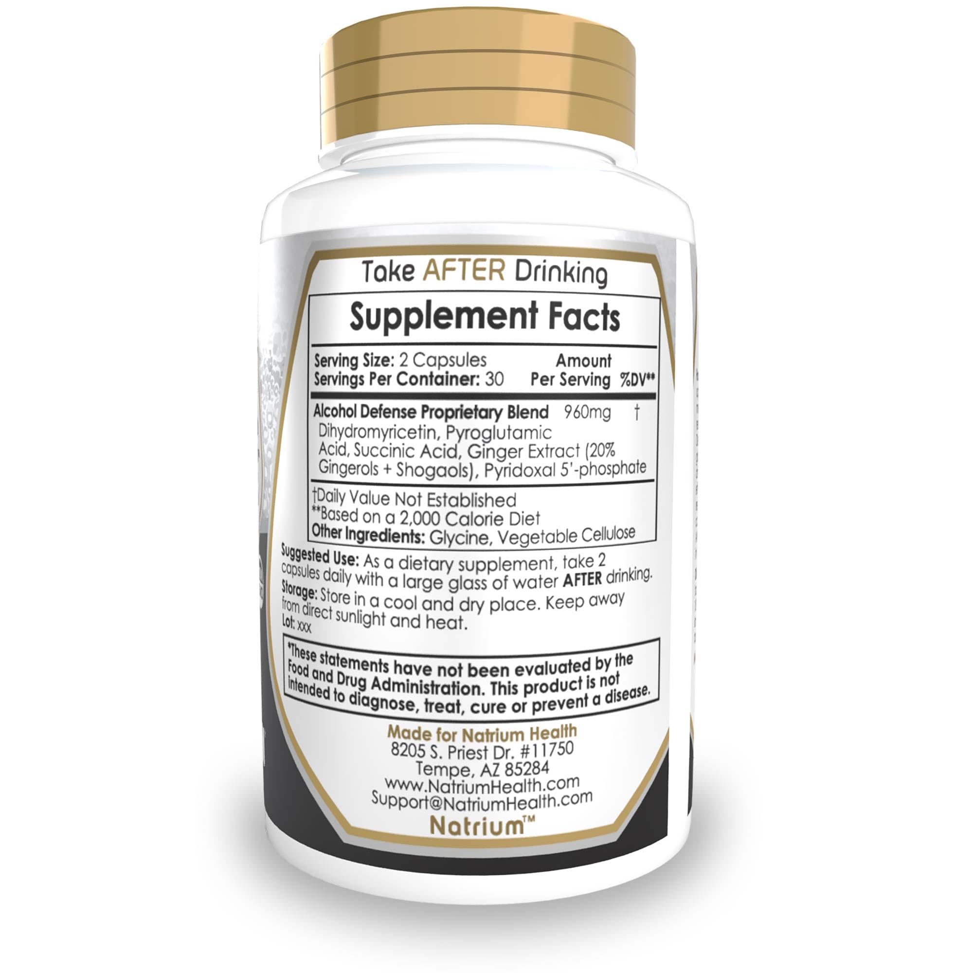 Natrium Health Alcohol Defense: etiqueta destacada en frasco resaltando la fórmula.