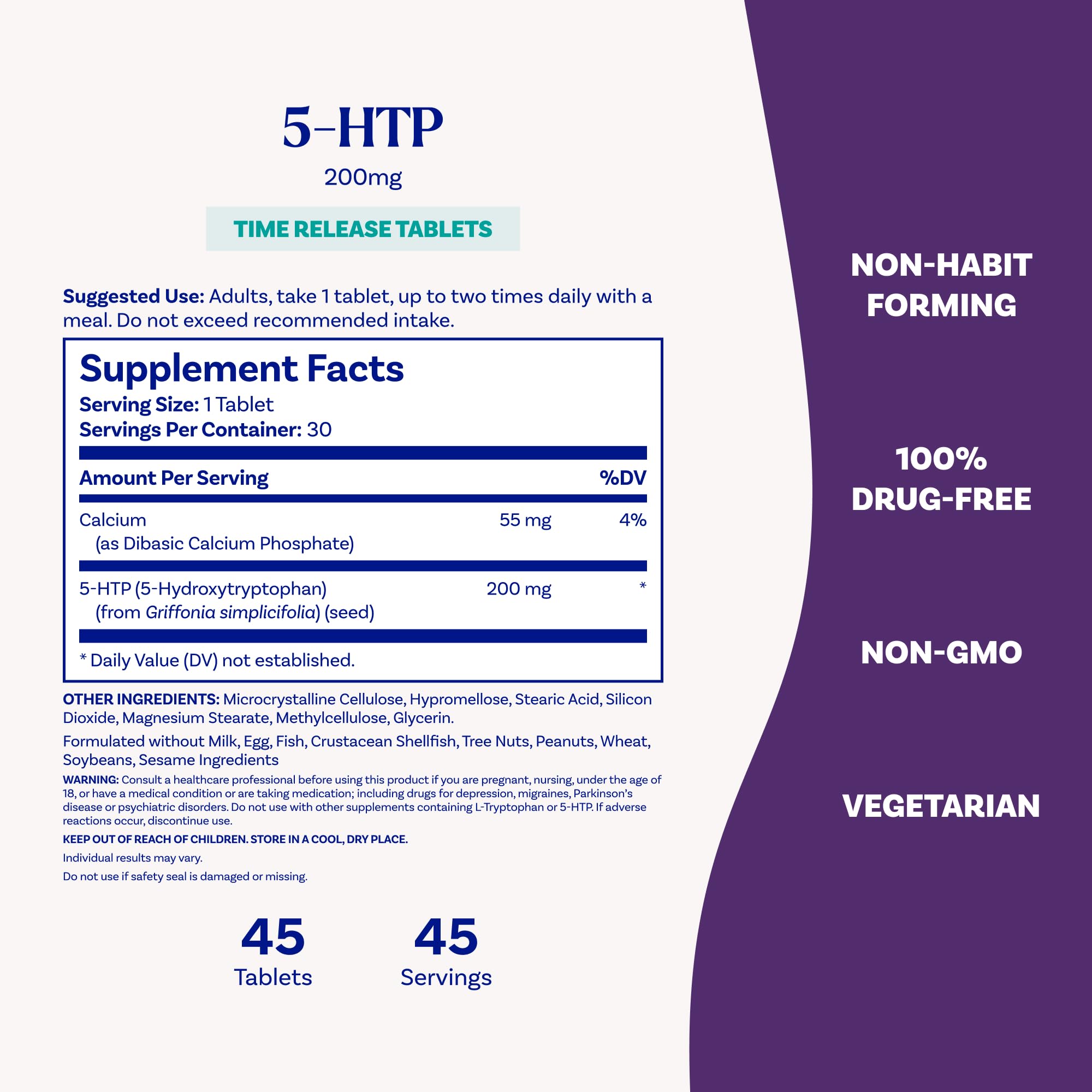 Natrol 5-HTP: close-up de la etiqueta y dosis.