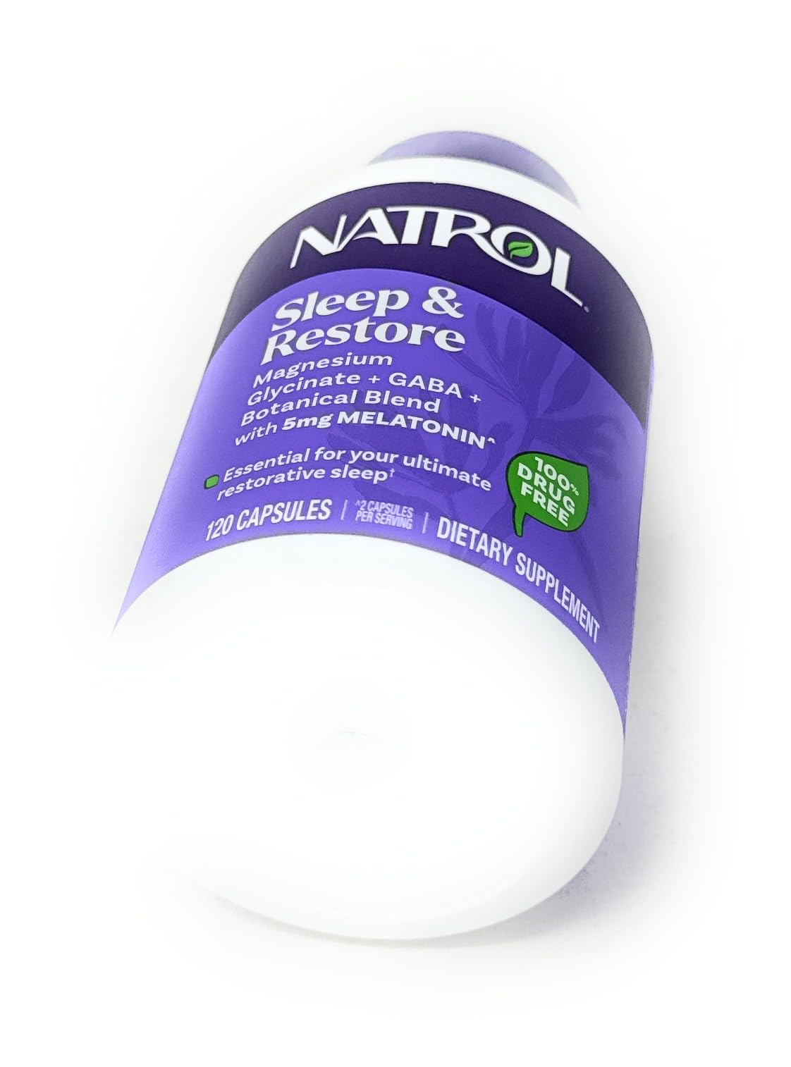 Natrol Descanso y Restauración, tabla nutricional legible en el envase.