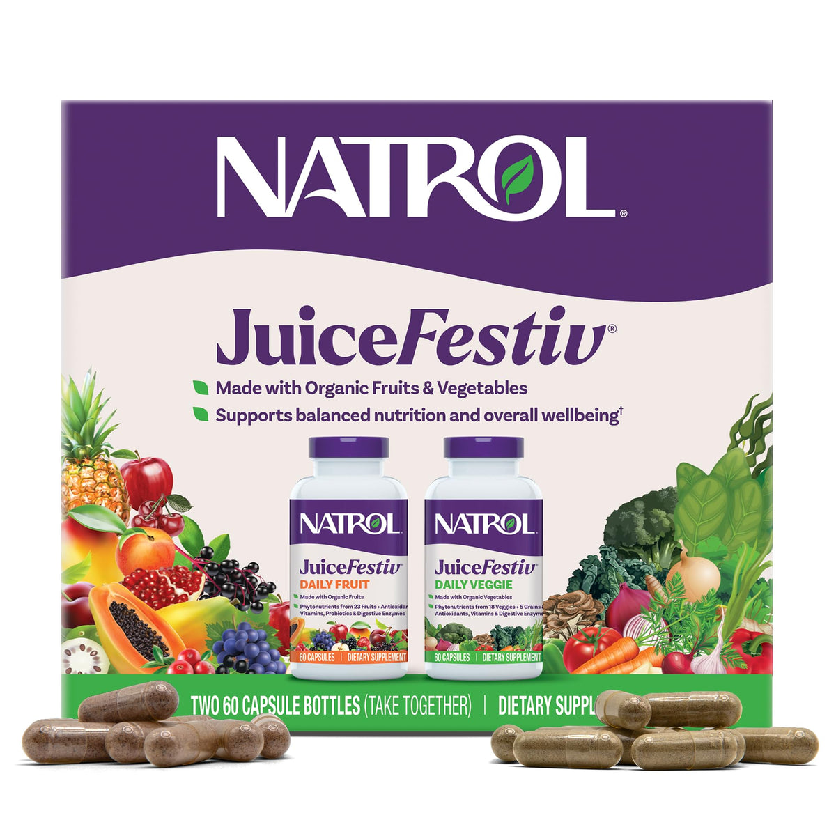 Natrol JuiceFestiv cápsulas con frutas y verduras para nutrición diaria