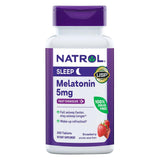 Natrol Melatonina 5 mg, tabletas disolución rápida con sabor fresa para dormir con comodidad.
