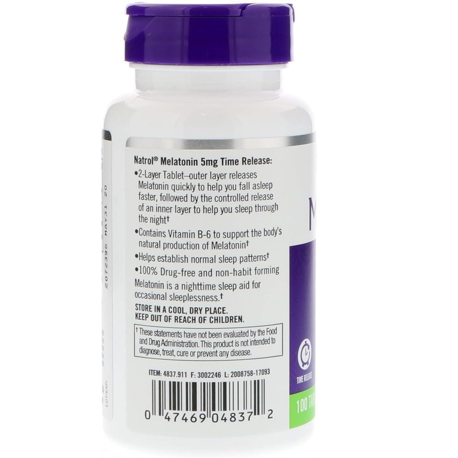 Etiqueta Natrol Melatonina con B6 y especificaciones