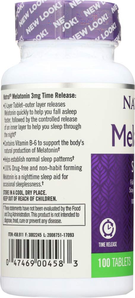 Frasco Natrol Melatonina 3 mg con tabletas, ayuda a conciliar el sueño de forma natural.