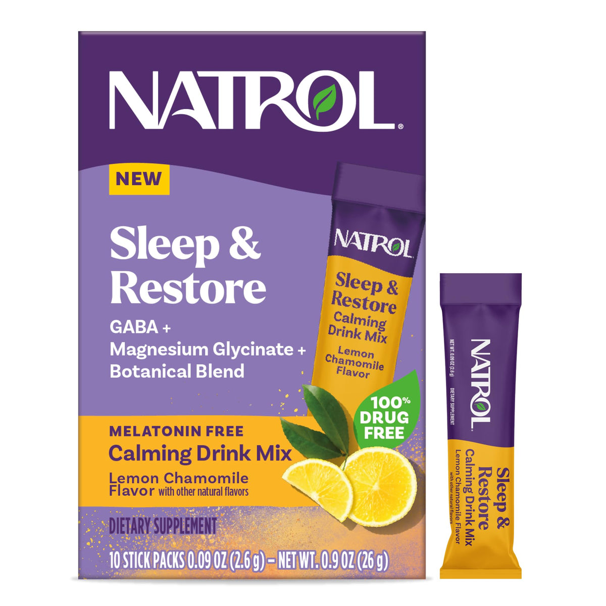 Natrol Sleep + Restore sobre limón y manzanilla, sabor refrescante para la relajación nocturna