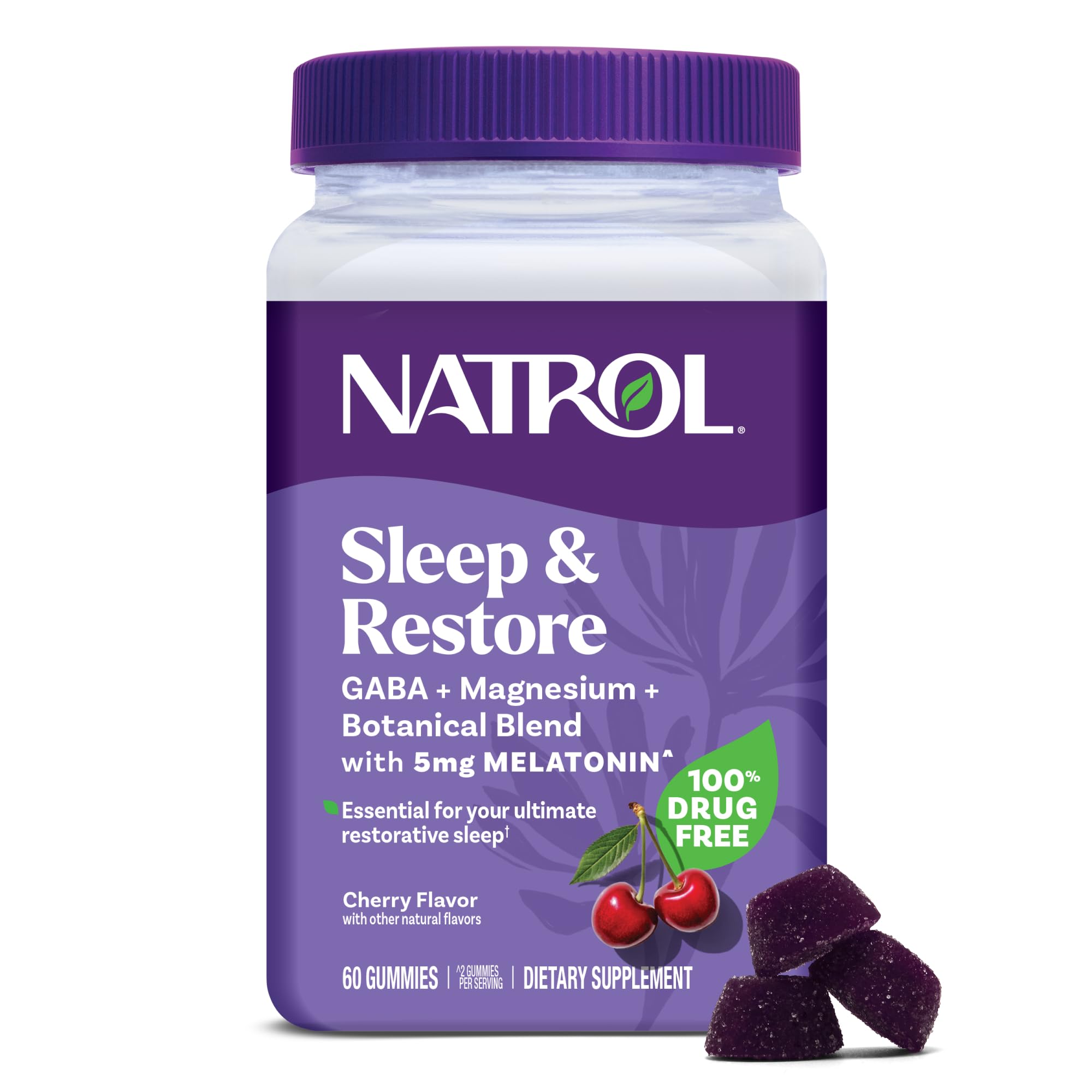 Natrol Sueño y Restaurar, gomitas sabor cereza en empaque, promueven una noche tranquila.