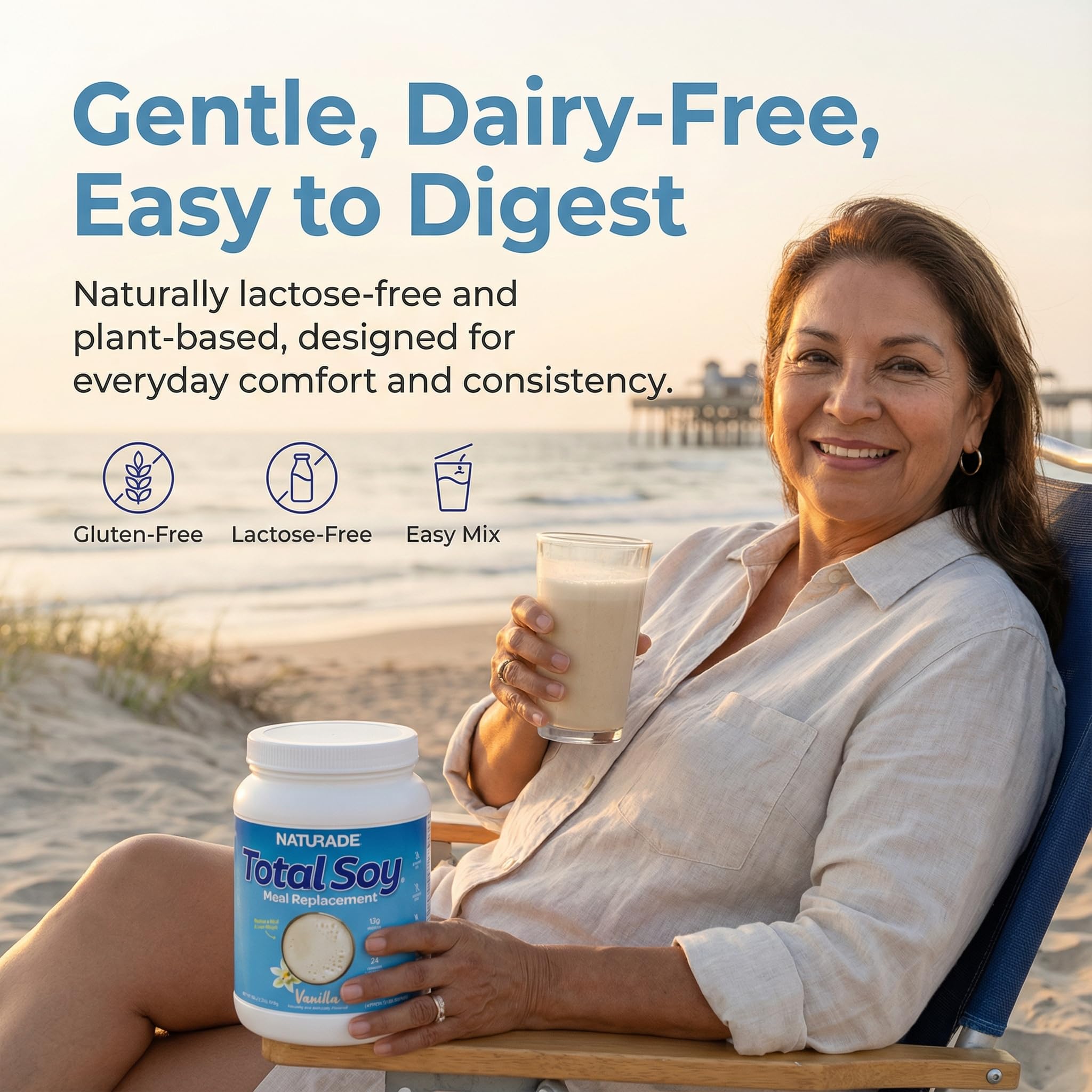 Naturade Total Soy: producto sin lactosa y sin gluten para mayor comodidad digestiva.