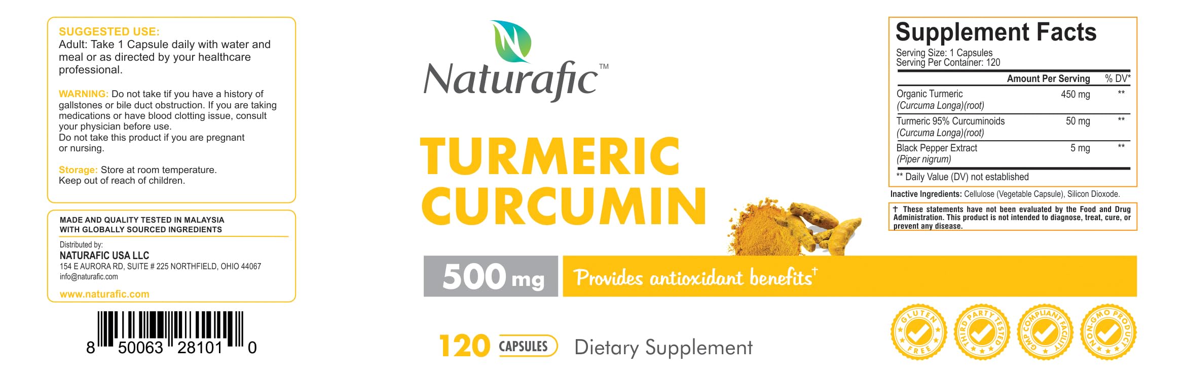 Naturafic cúrcuma color dorado en cápsulas