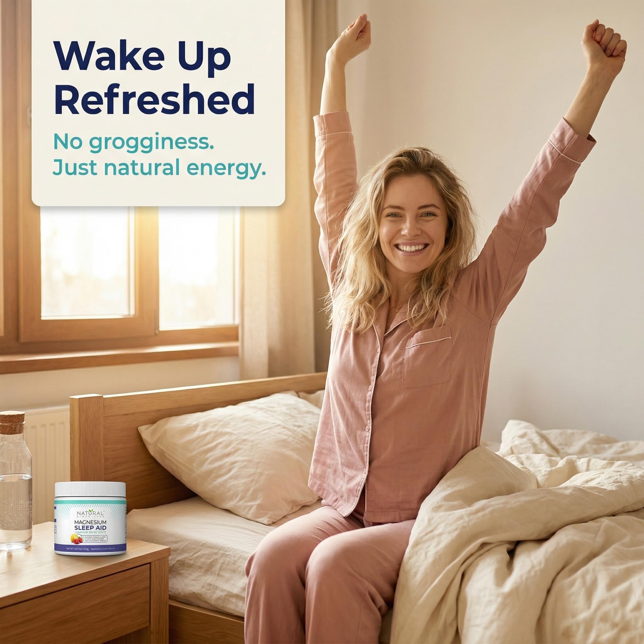 Natural BioScience Magnesium Sleep, vaso con agua, muestra una toma rápida.