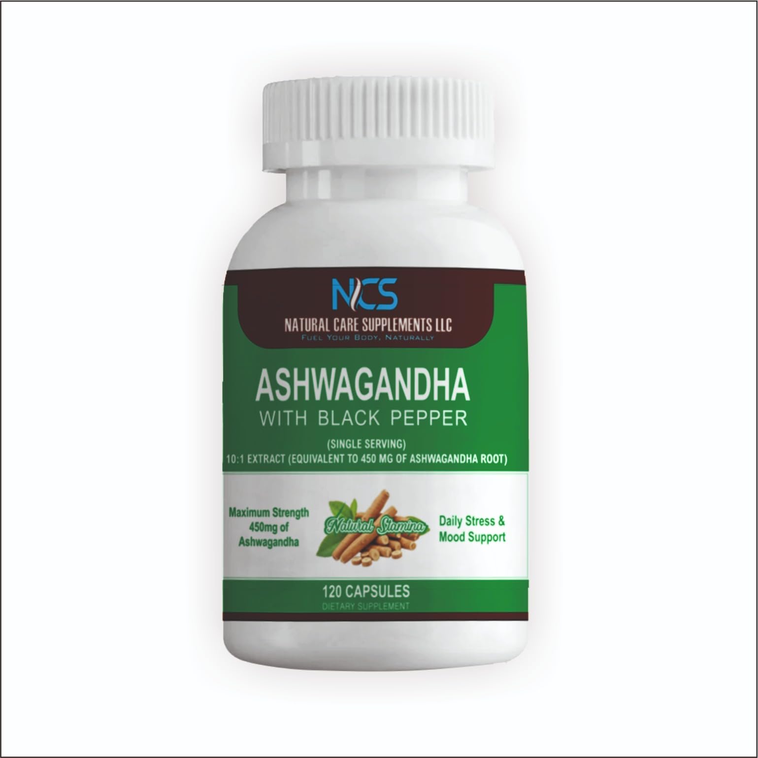 Natural Care Supplements Ashwagandha 450mg en botella para uso diario