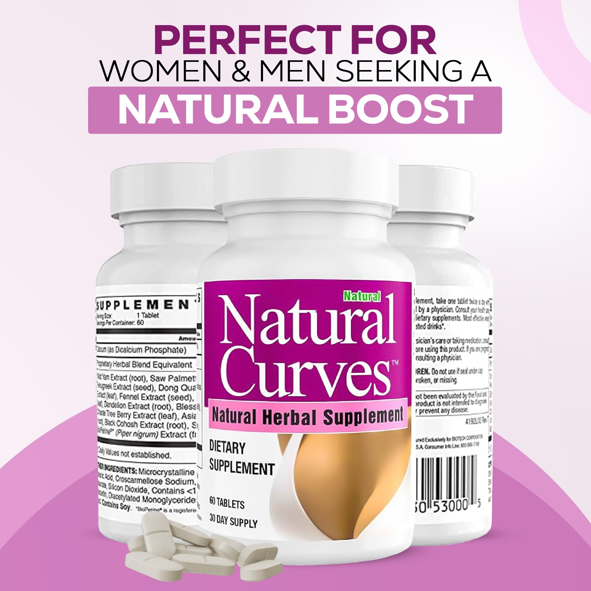 Natural Curves indicación de dos cápsulas diarias para uso práctico.