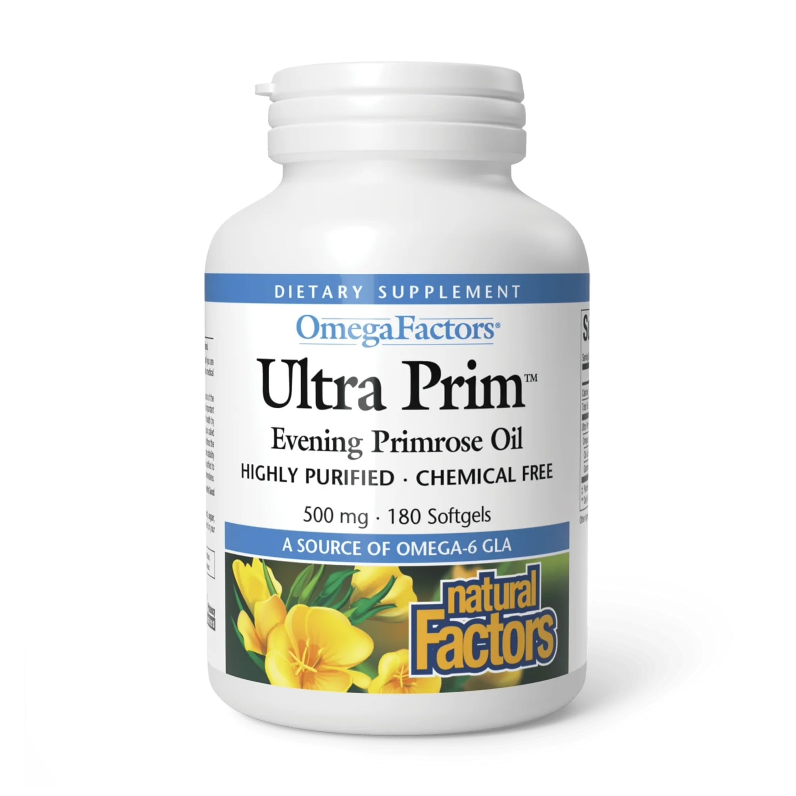 Natural Factors Aceite Onagra Ultra Prim: bote visible para uso diario de salud femenina.