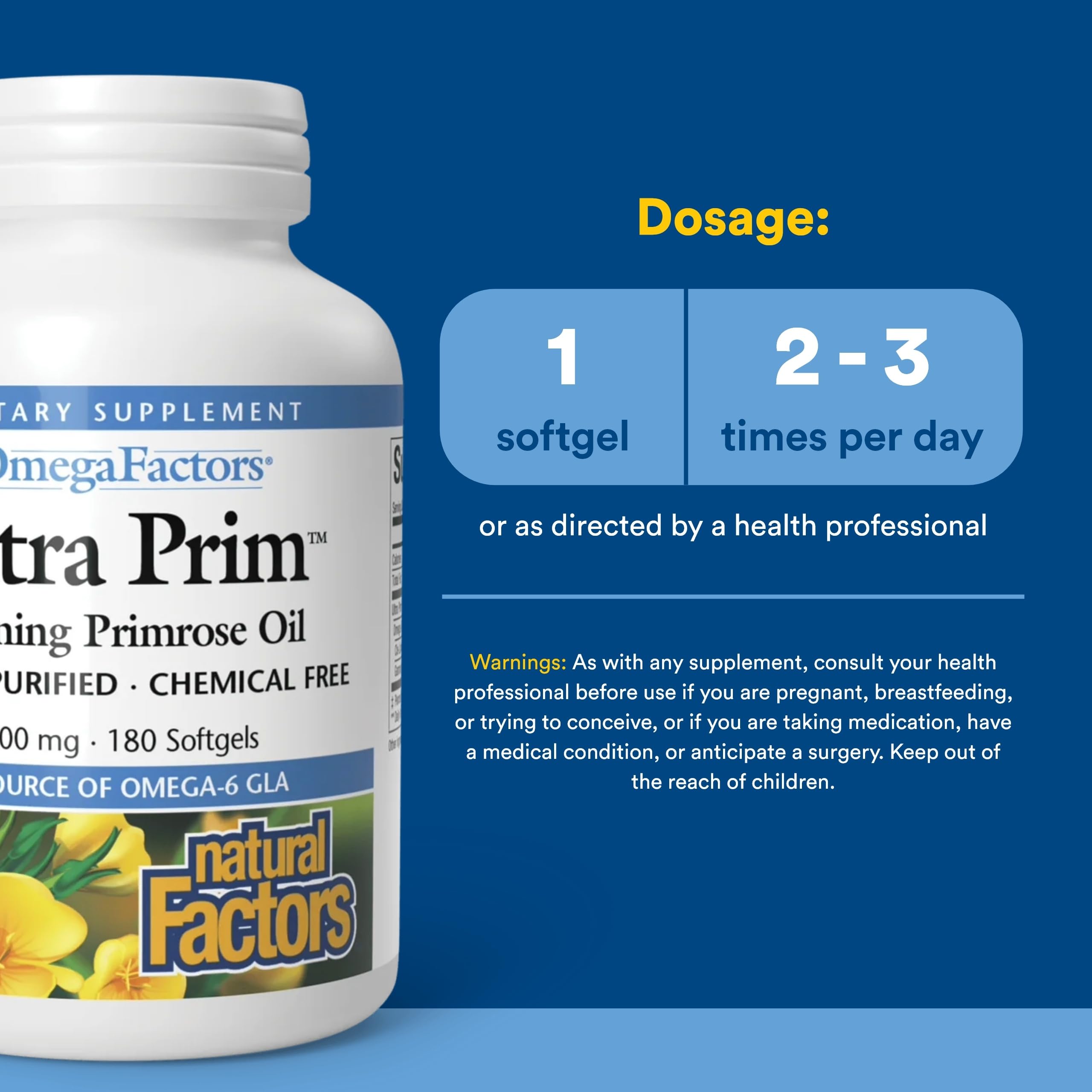 Natural Factors Aceite Onagra Ultra Prim: etiqueta clara con pureza y origen orgánico.
