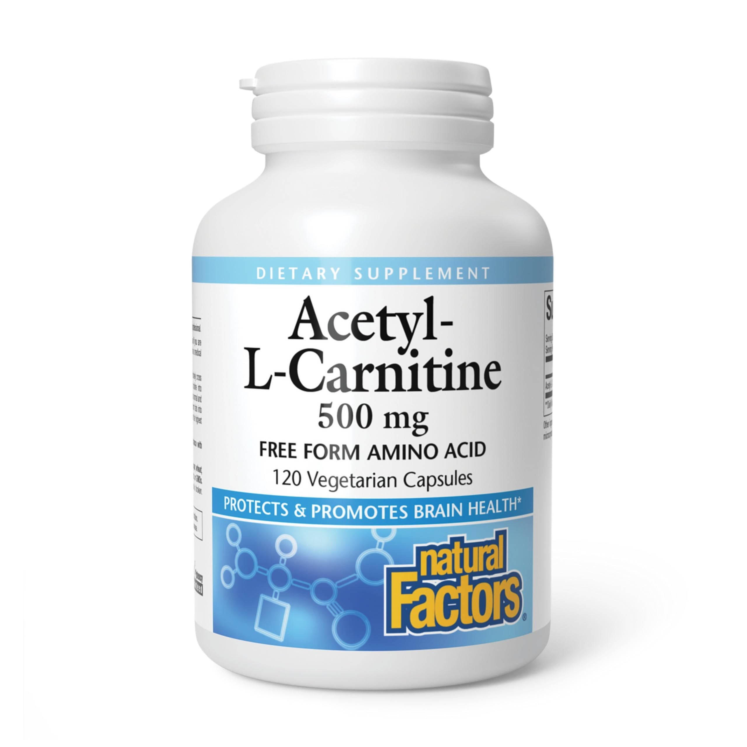 Natural Factors Acetil L-Carnitina 500 mg, botella vertido: posible apoyo a energía y concentración.