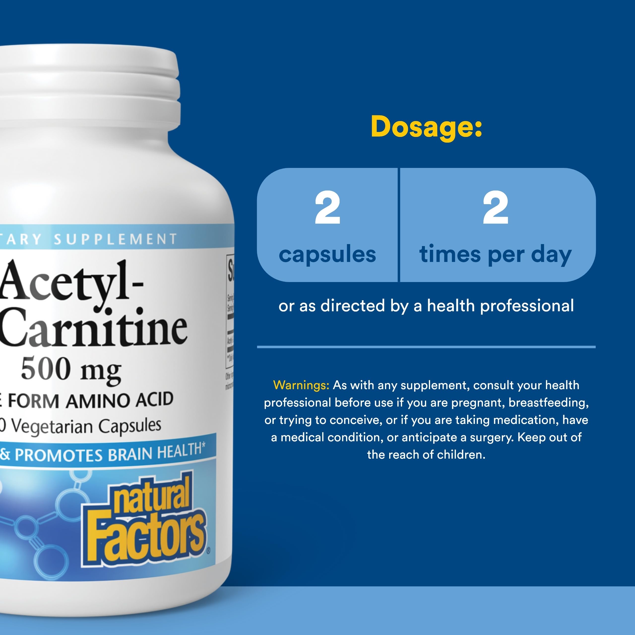 Natural Factors Acetil L-Carnitina 500 mg, etiqueta frontal clara para lectura rápida.