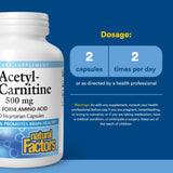 Natural Factors Acetil L-Carnitina 500 mg, etiqueta frontal clara para lectura rápida.