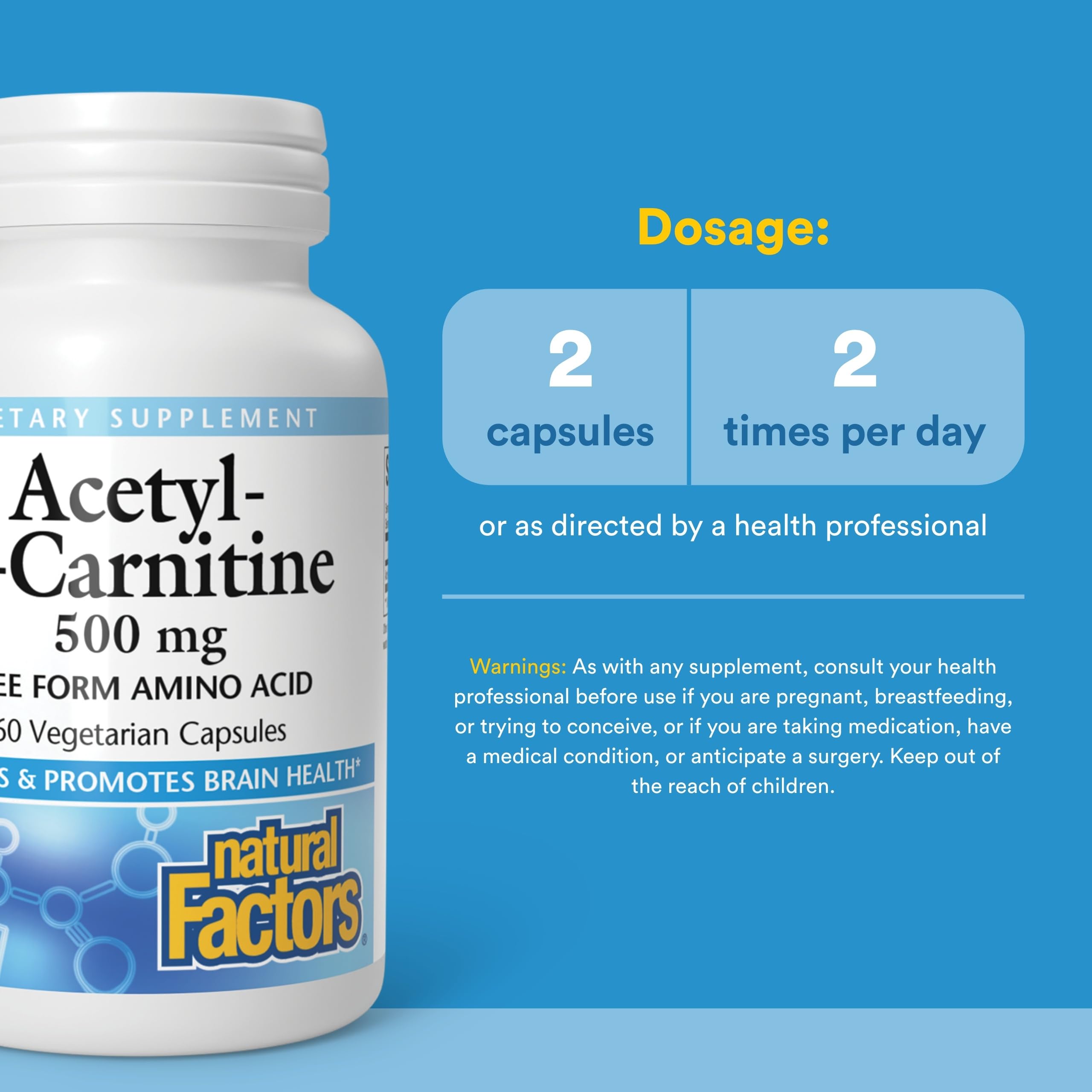 Etiqueta clara de Natural Factors Acetil-L-Carnitina 500 mg con información de dosificación.