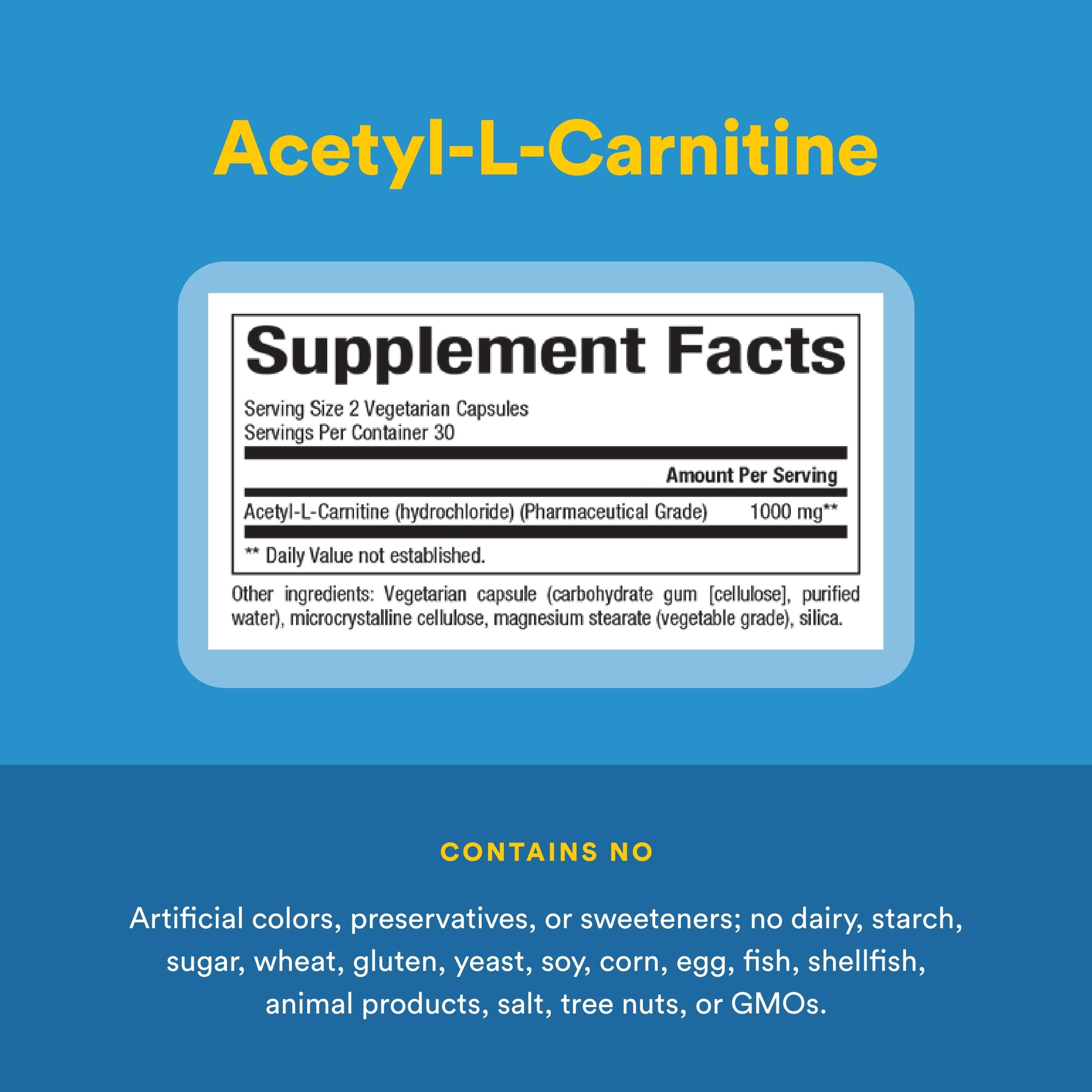 Ingredientes de alta pureza en Natural Factors Acetil-L-Carnitina 500 mg para soporte cognitivo.