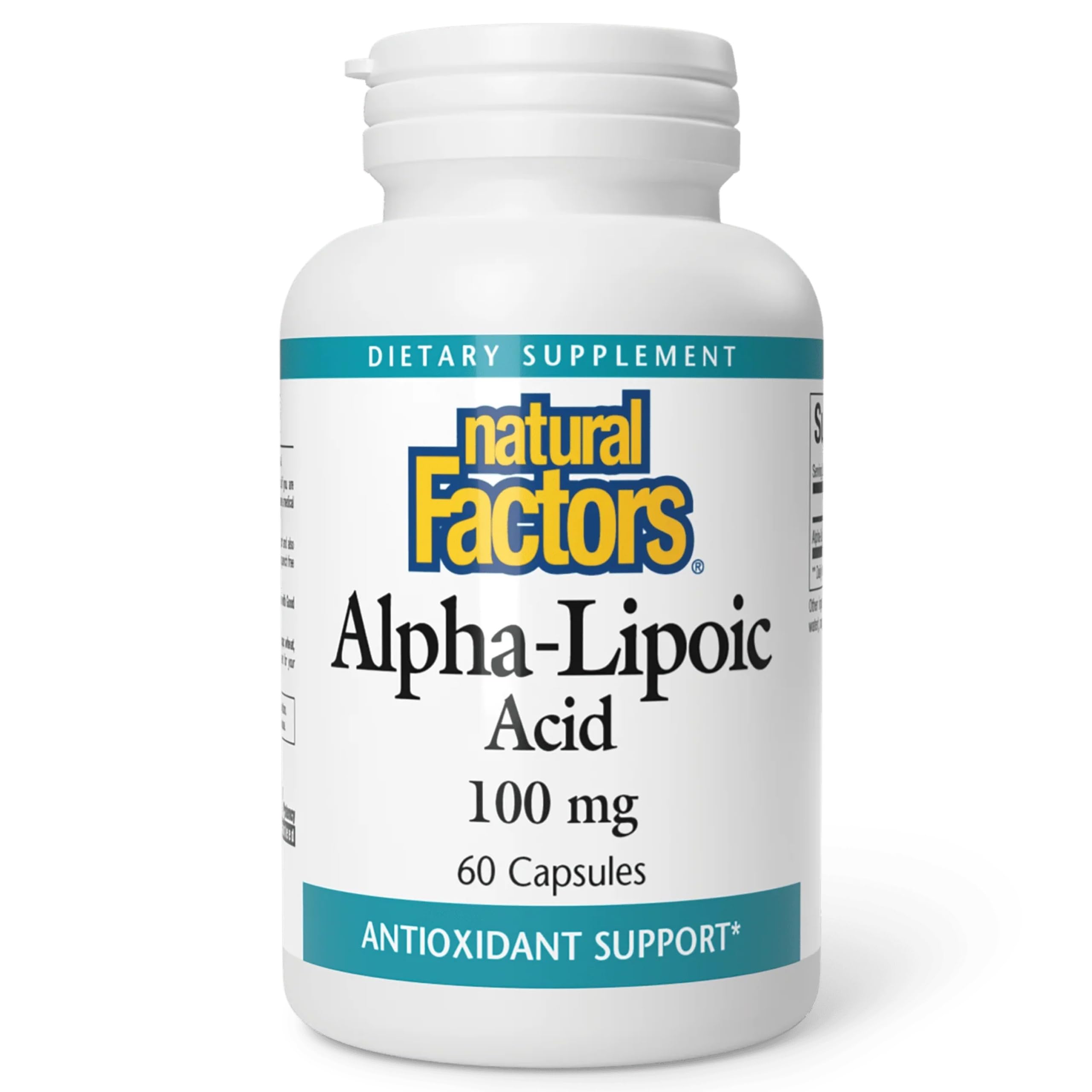 Natural Factors Acido alfa-lipoico 100 mg, caja visible, soporte antioxidante diario