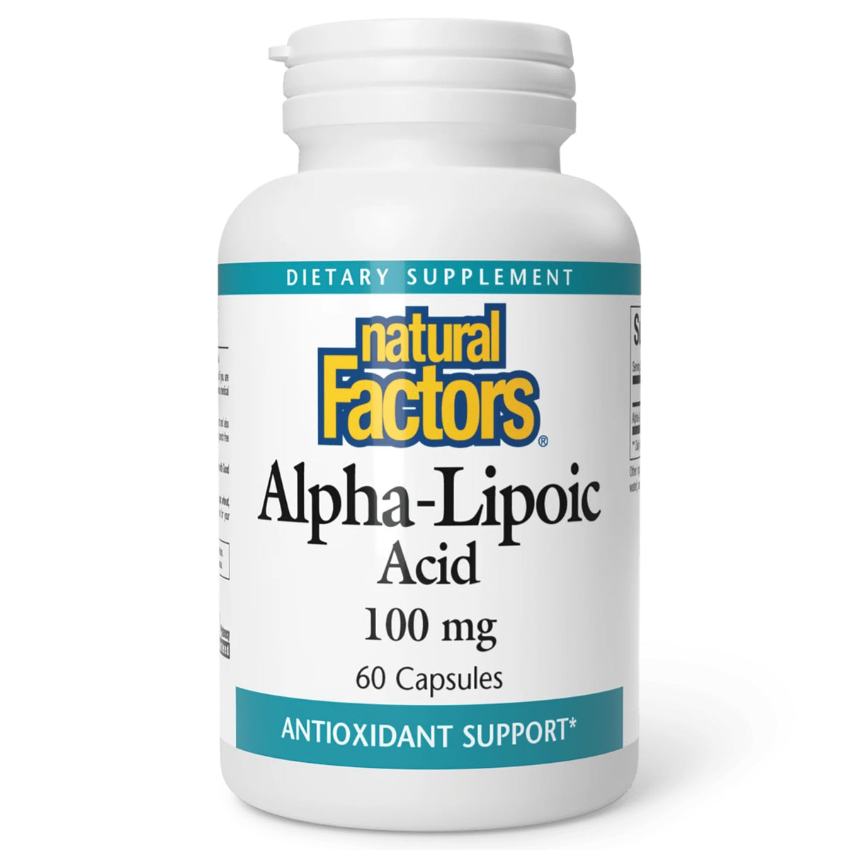 Natural Factors Acido alfa-lipoico 100 mg, caja visible, soporte antioxidante diario