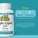 Natural Factors Acido alfa-lipoico 100 mg, etiqueta detallada, uso y dosis