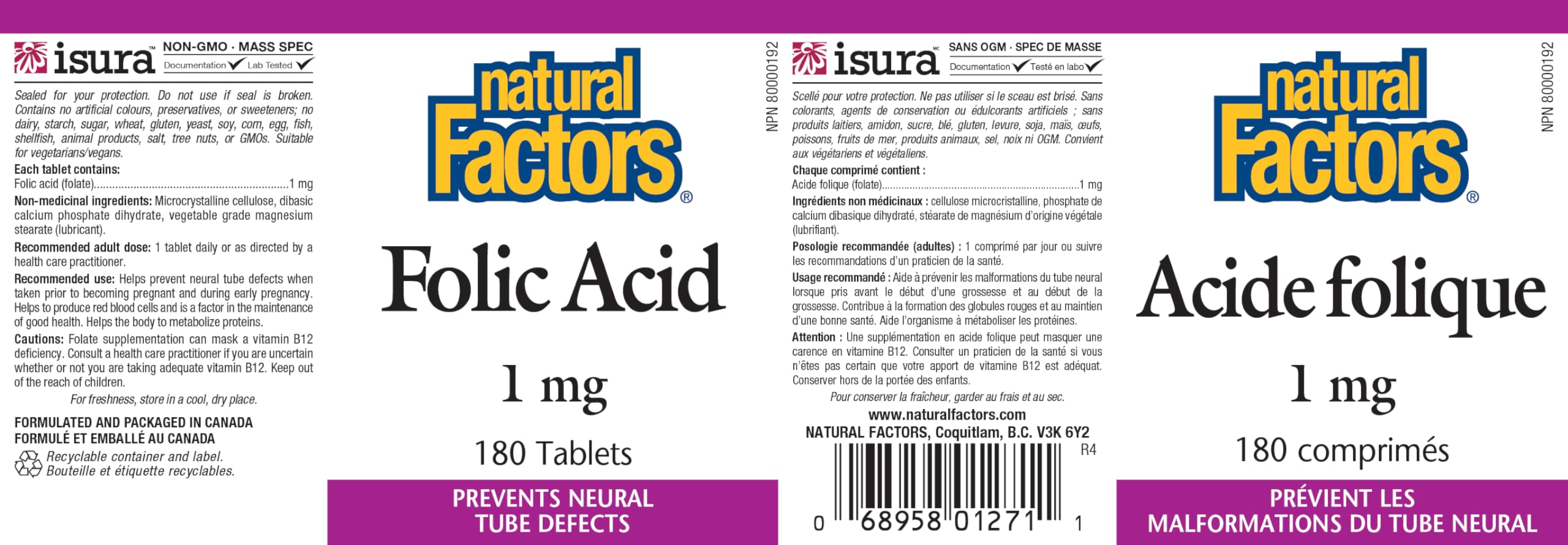 Natural Factors ácido fólico 1 mg, tabletas en mano, para uso diario y apoyo general.