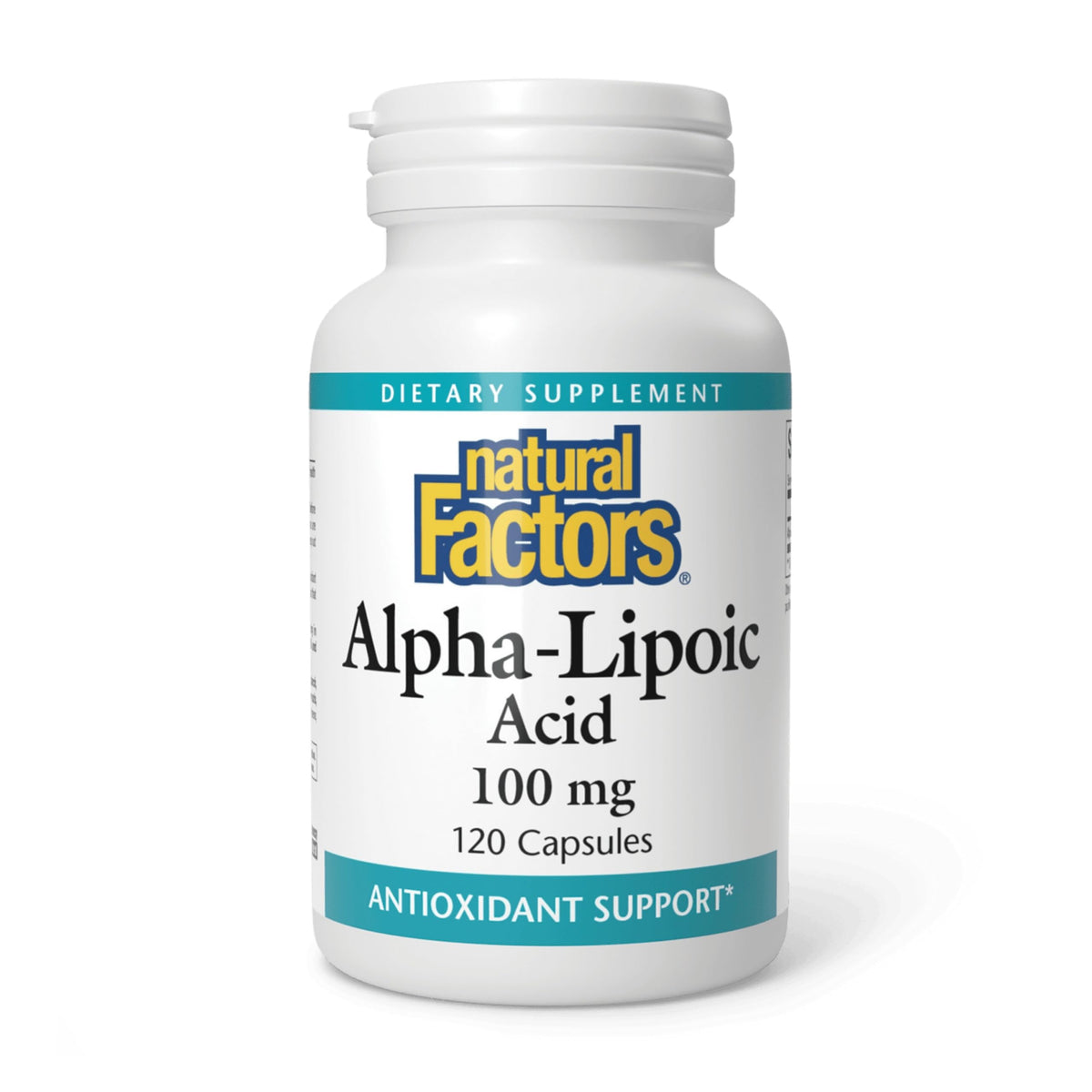 Natural Factors Ácido Alfa-Lipoico 100 mg, botella cerrada, protección antioxidante diaria.