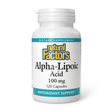 Natural Factors Ácido Alfa-Lipoico 100 mg, botella cerrada, protección antioxidante diaria.