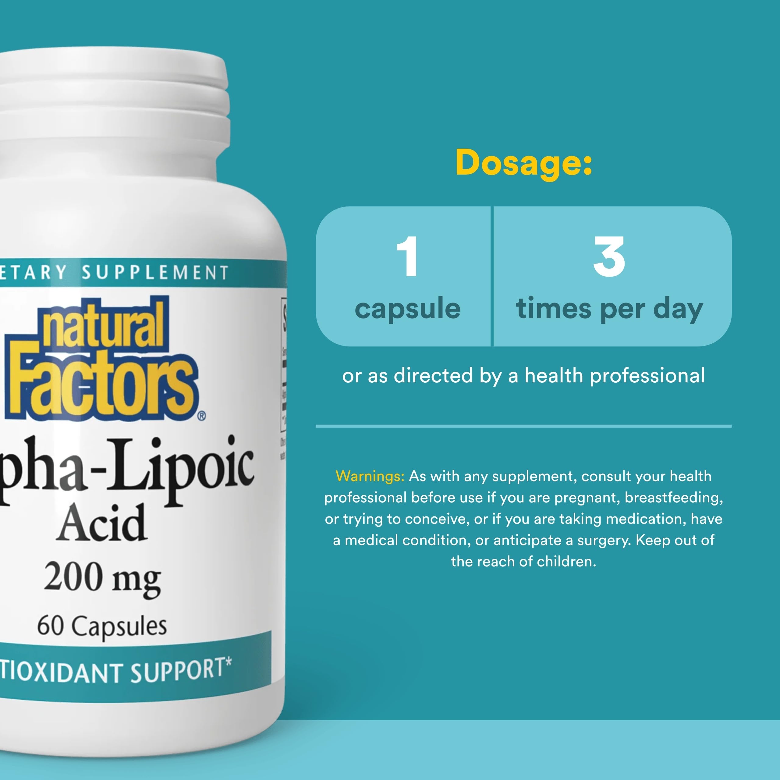 Natural Factors alfa-lipoico 200 mg, dosis diaria visible, conveniente para tu rutina.