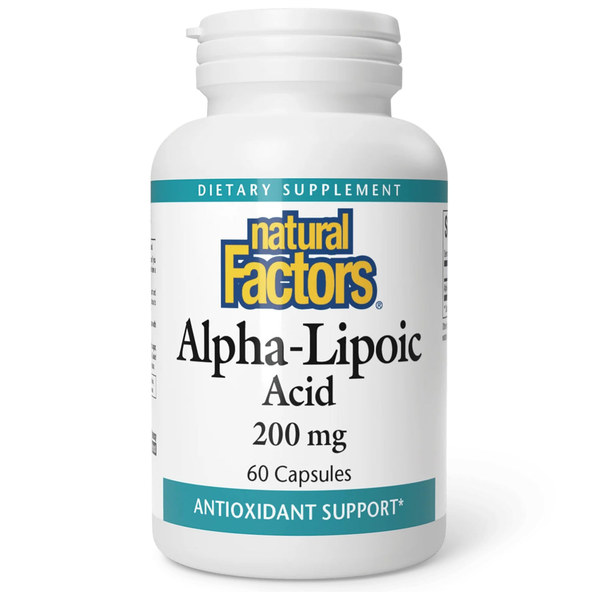 Natural Factors alfa-lipoico 200 mg cápsulas, envase visible, apoyo antioxidante diario.